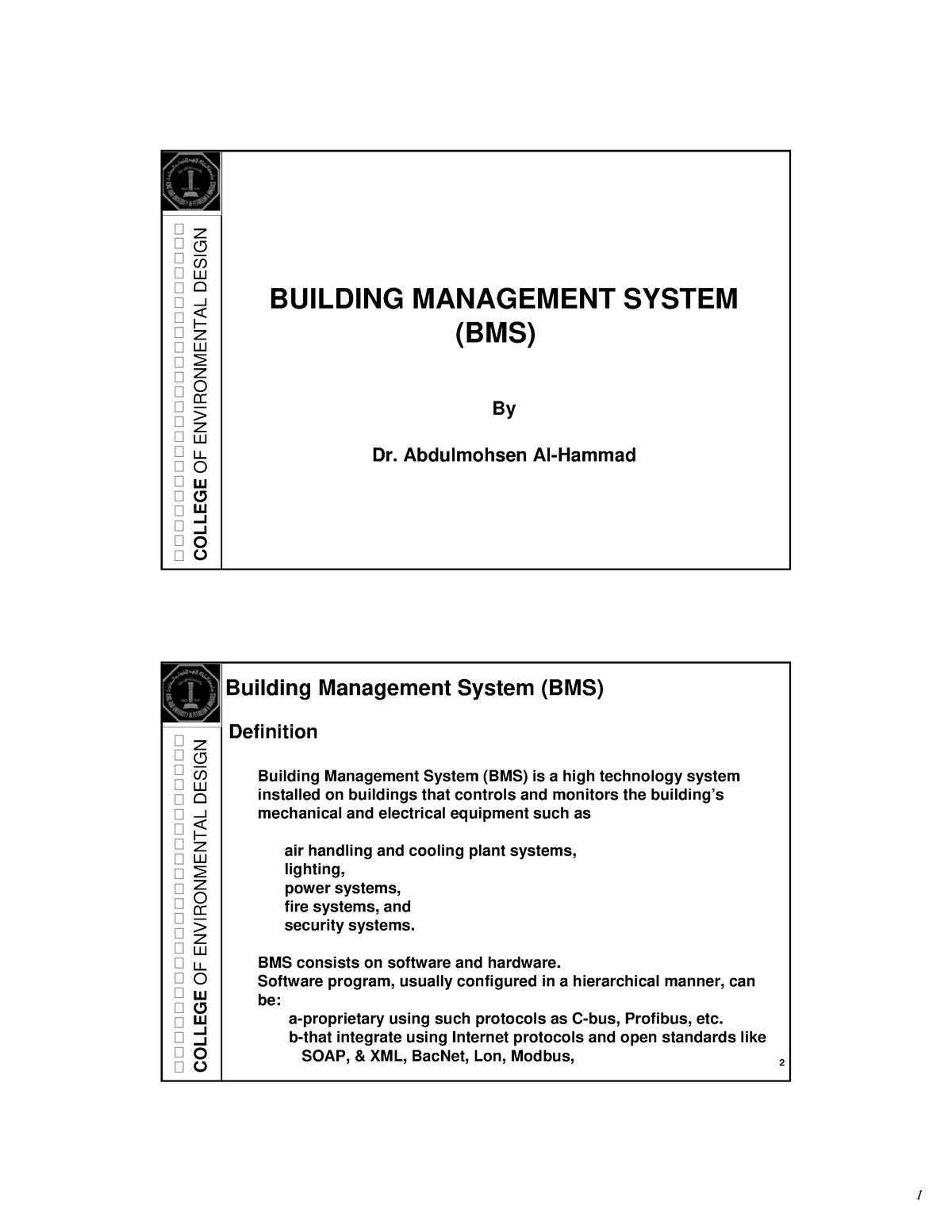 Chapter 9 - Building-Management-System - COLLEGE OF ENVIRONMENTAL ...