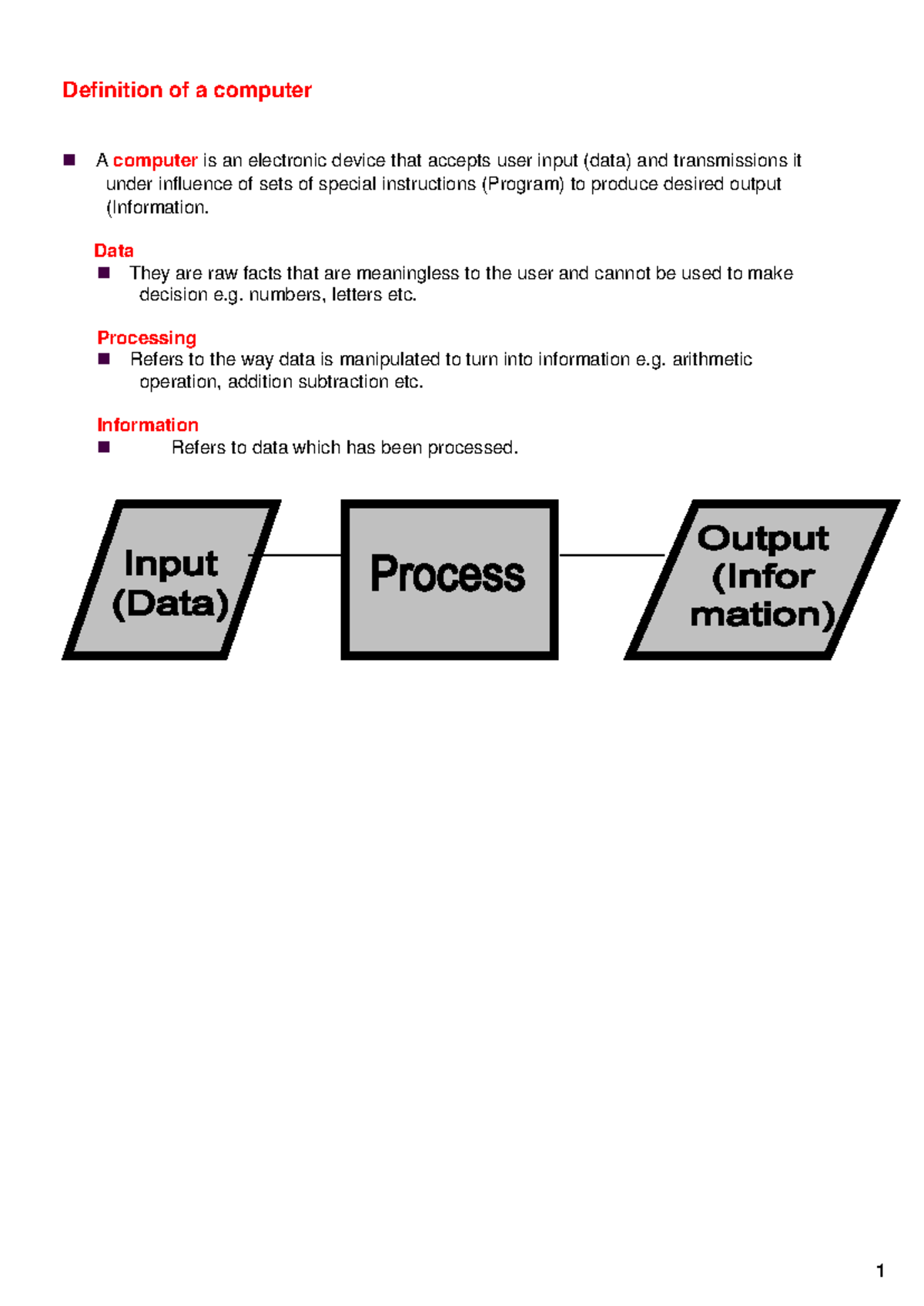 Coputer F1 Notes - ####### Definition of a computer A computer is an ...