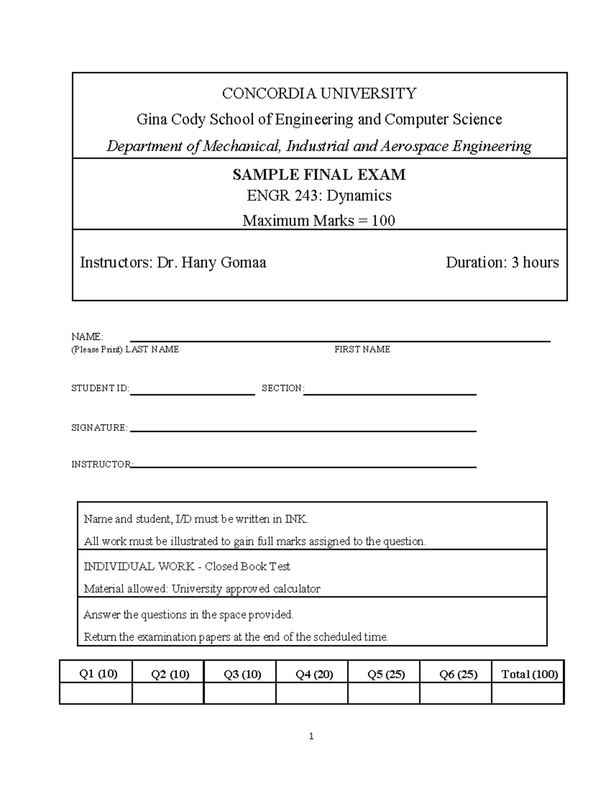 Sample Final Exam Answers - CONCORDIA UNIVERSITY Gina Cody School of ...