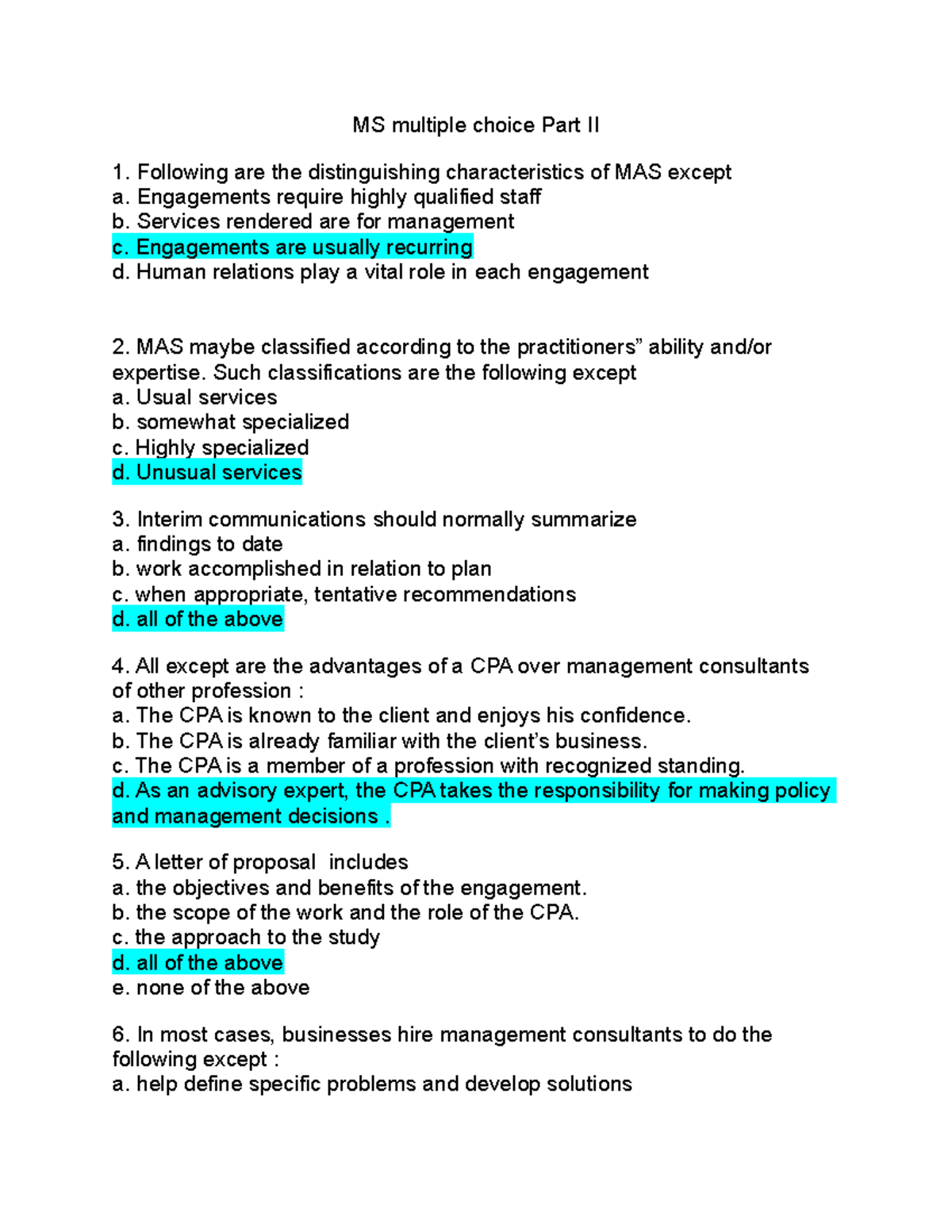 MC theory MAS multiple choice MS multiple choice Part II Following