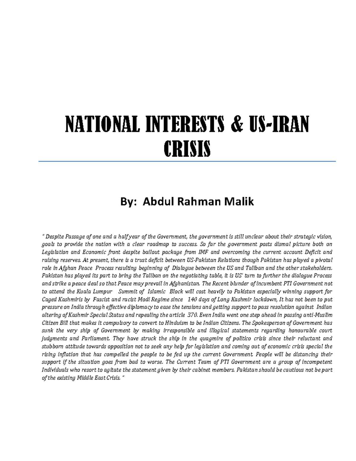 National Intrests and USIran Crisis NATIONAL INTERESTS & USIRAN