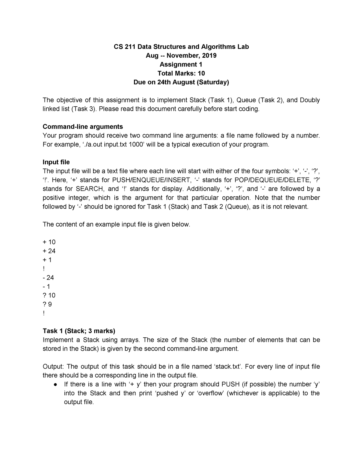 Assignment 1 Cs 211 Data Structures And Algorithms Lab Aug November 2019 Assignment 1 Total 9530