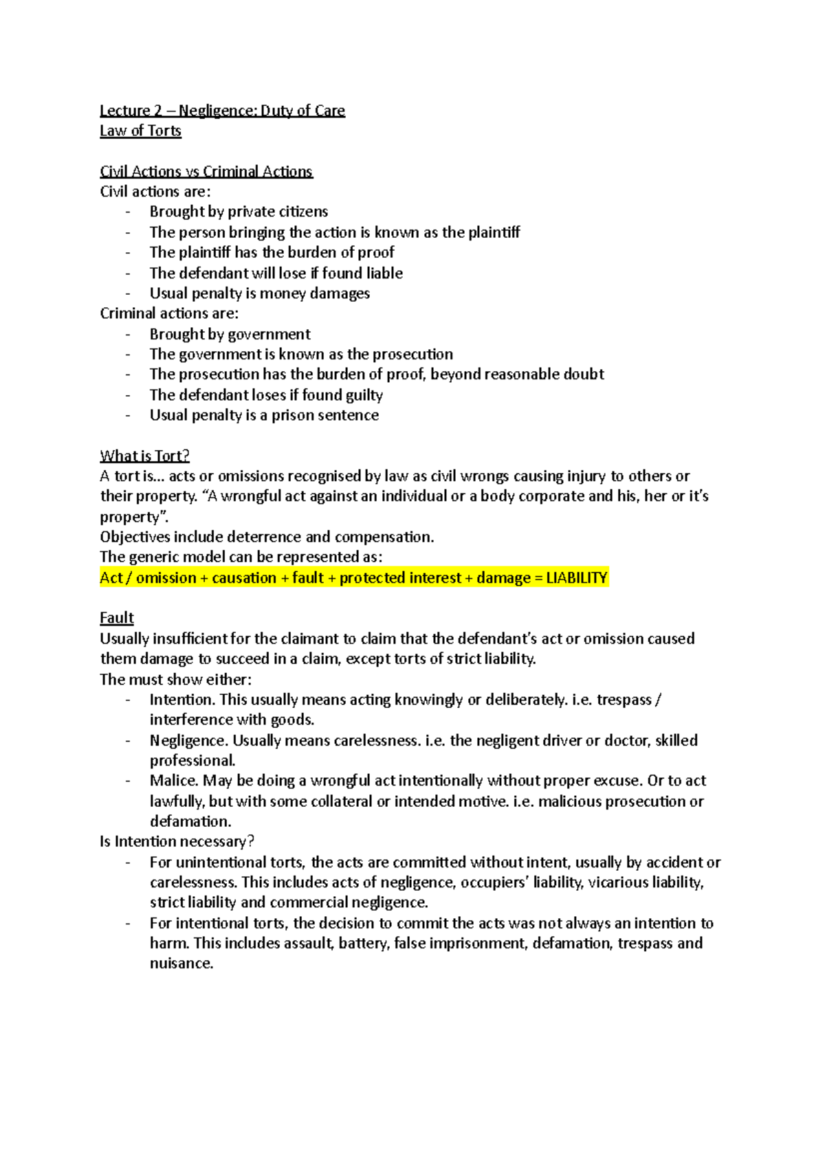 Lecture 2 - Duty of Care - First Class Notes - Lecture 2 – Negligence ...