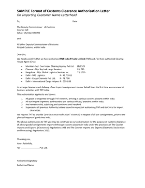 Authorization Letter format SAMPLE Format of Customs Clearance