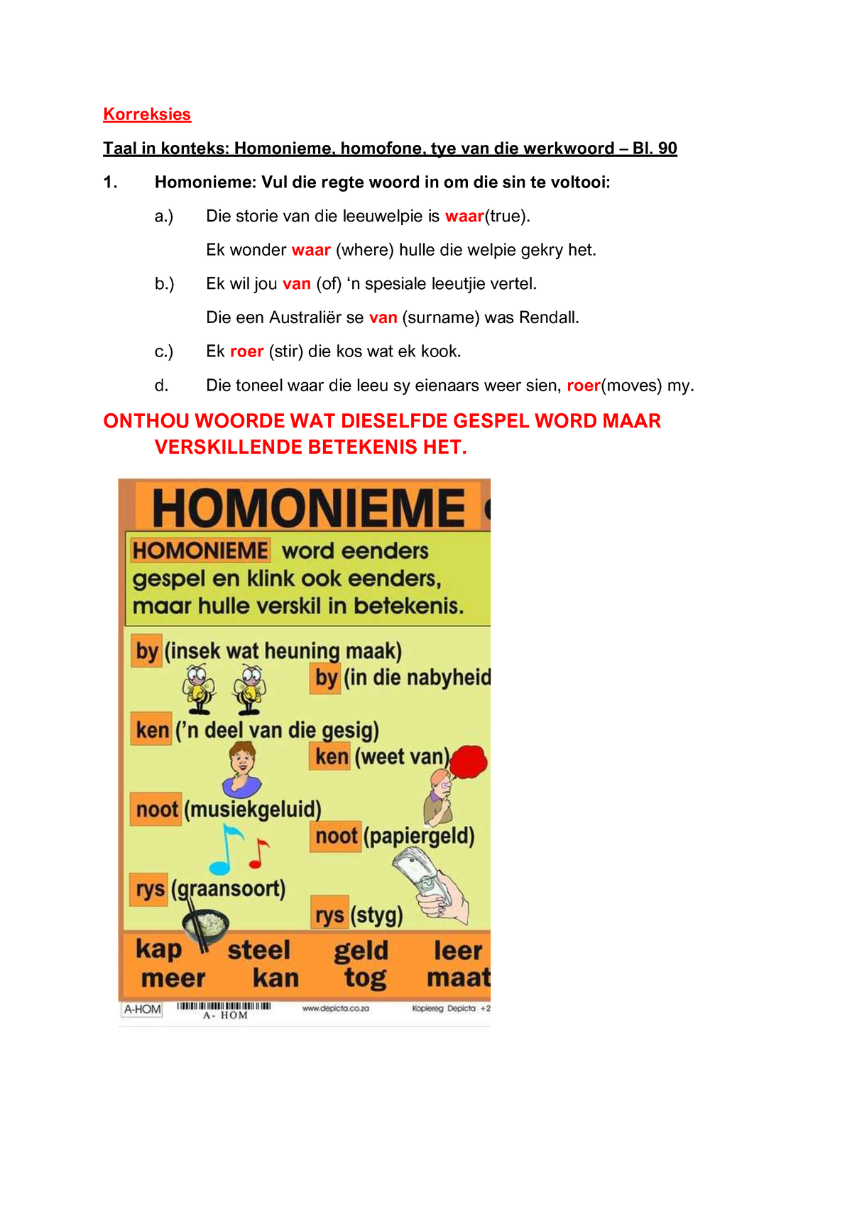 Homonieme Afrikaans Preschool Spelling