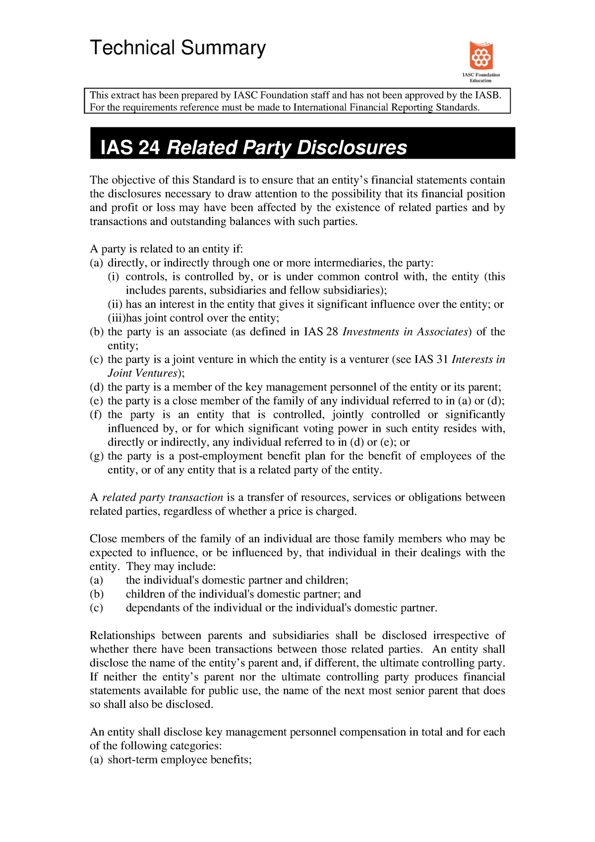 IAS 24 Related Party Disclosures - Technical Summary This Extract Has ...