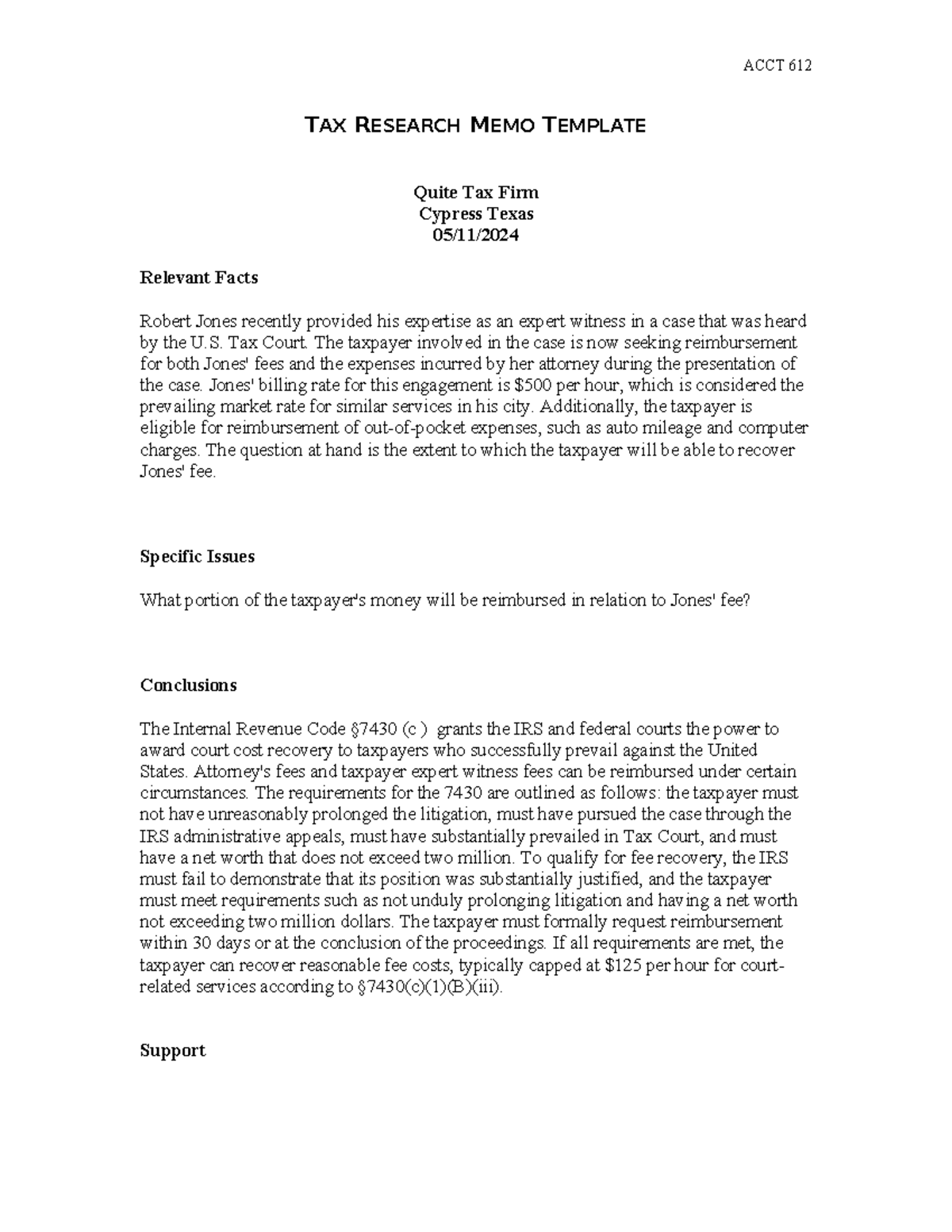 ACCT612 Tax Research Memo Template - ACCT 612 TAX RESEARCH MEMO ...