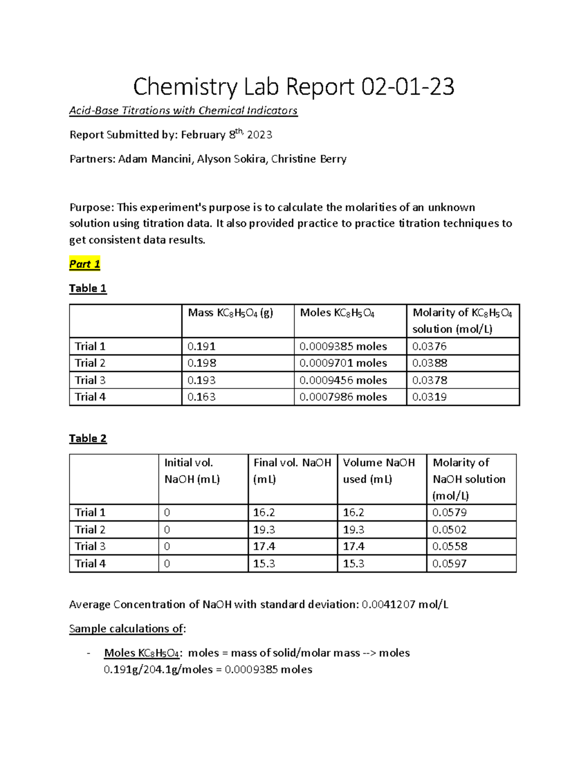 AcidBase Titrations with Chemical Indicators Lab Report 020123