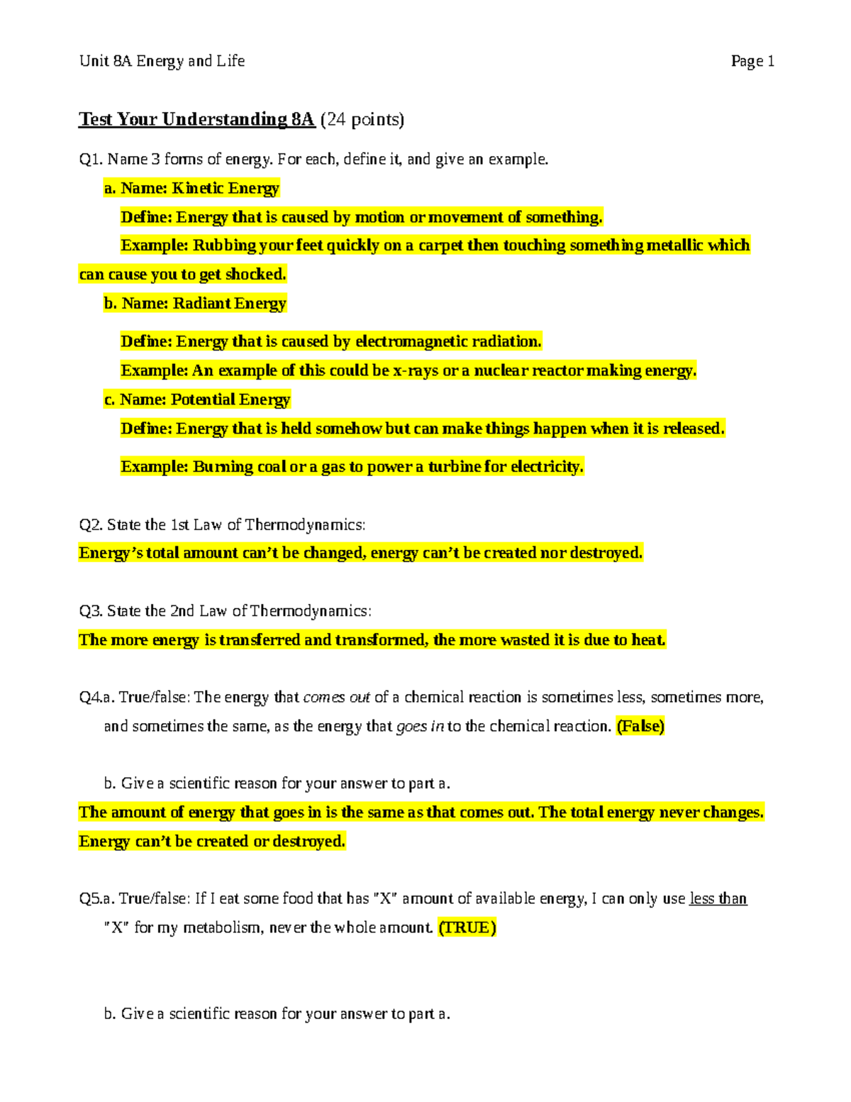 Assignment 8A Energy and Life - Unit 8A Energy and Life Page 1 Test ...