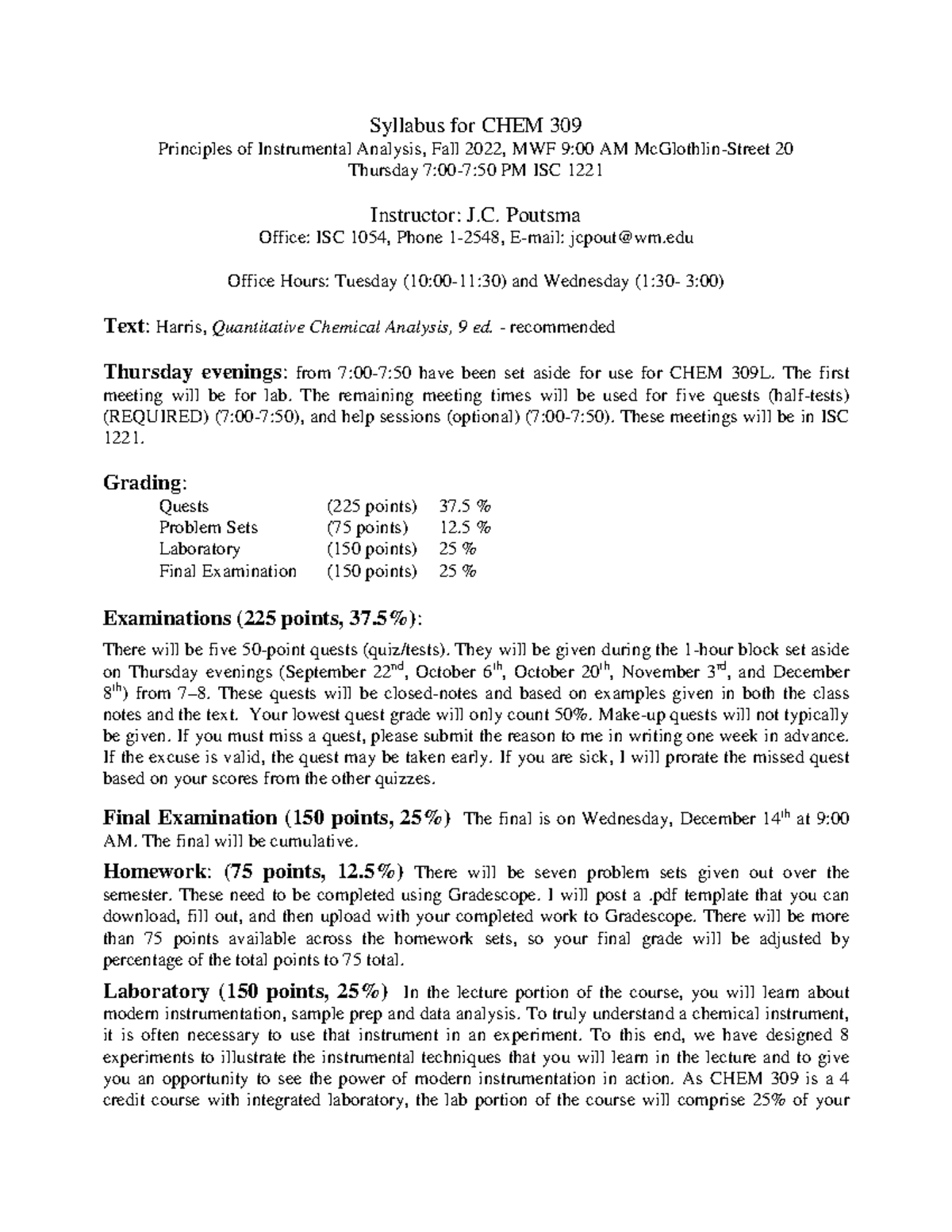 Syllabus 2022 Syllabus for CHEM 309 Principles of Instrumental