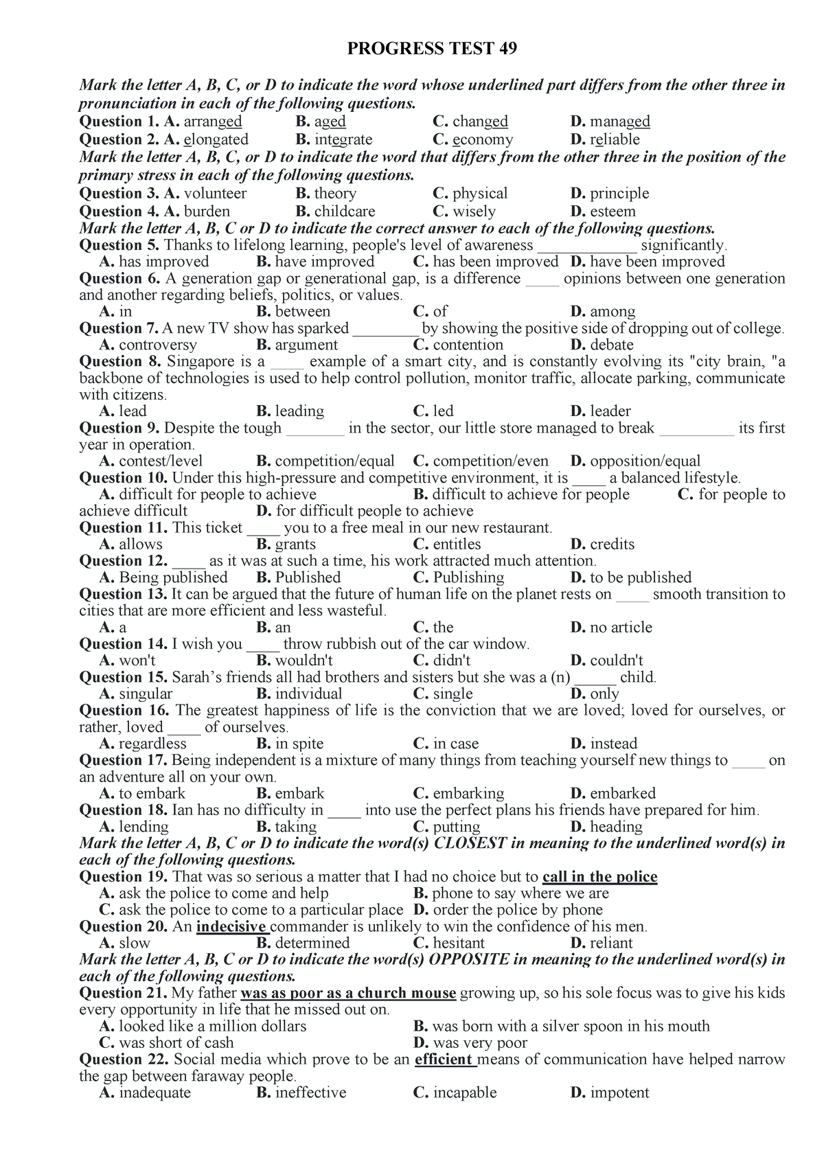 Progress-TEST-49 - Practice Test - PROGRESS TEST 49 Mark The Letter A ...