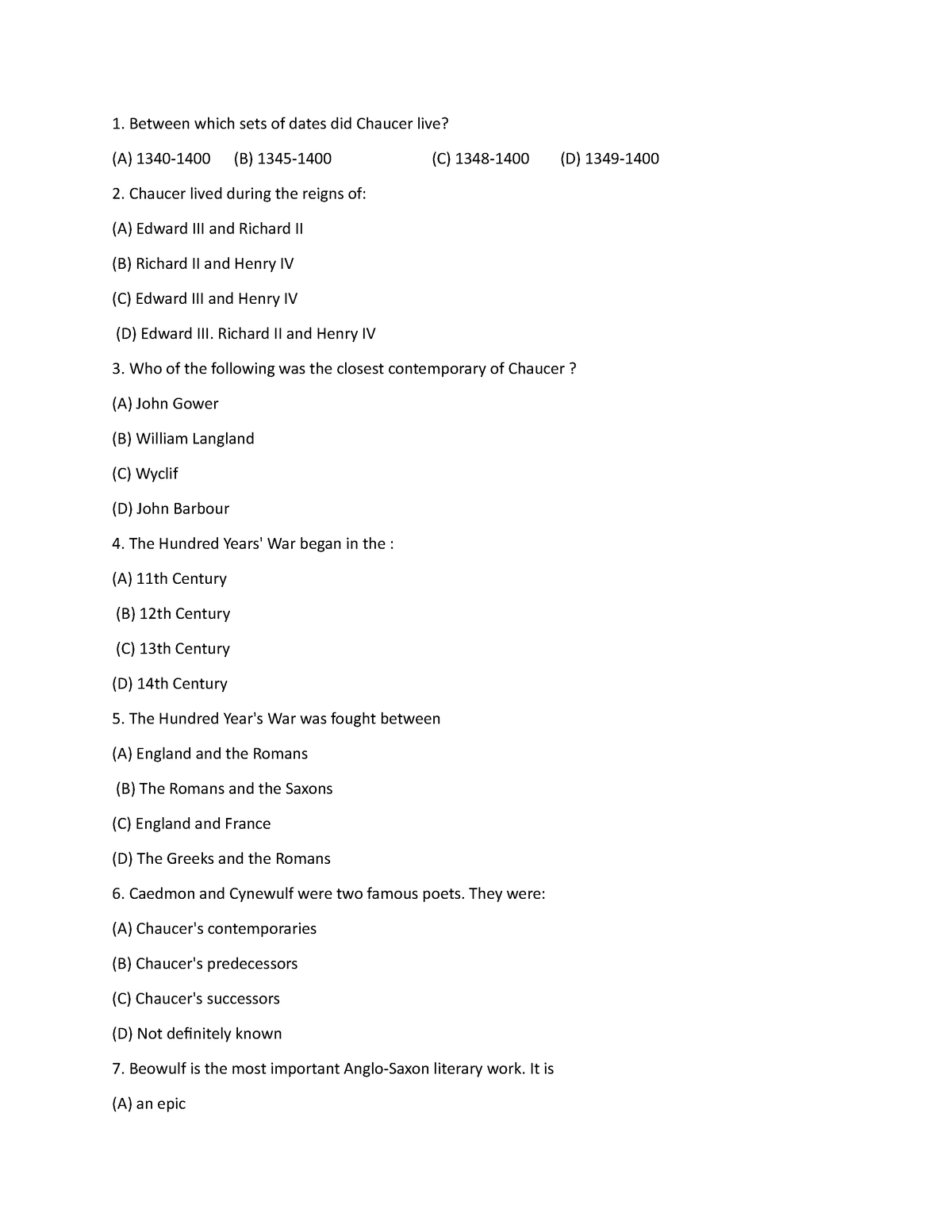 Ch 2 chaucer's age question and answers - Between which sets of dates ...