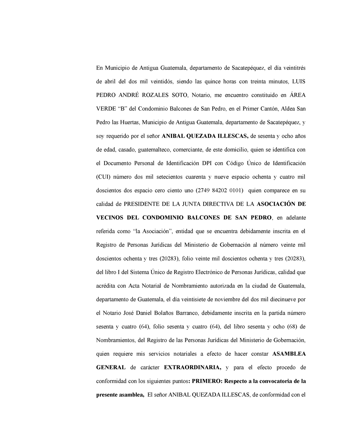 ACTA NOTARIAL DE ASAMBLEA DE VECINOS - En Municipio de Antigua Guatemala,  departamento de - Studocu