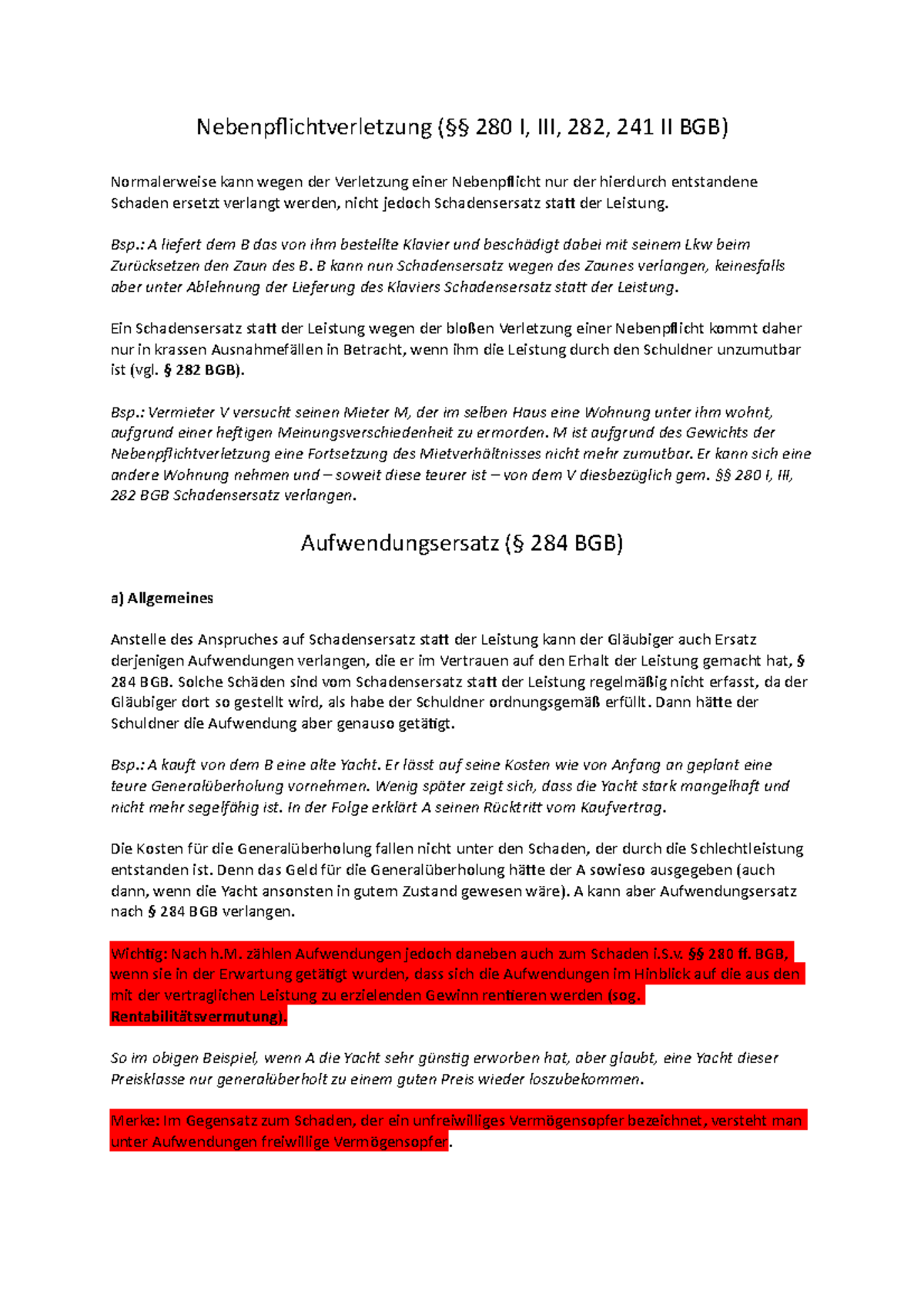 Schadensersatz statt der Leistung wegen Nebenpflichtverletzungen