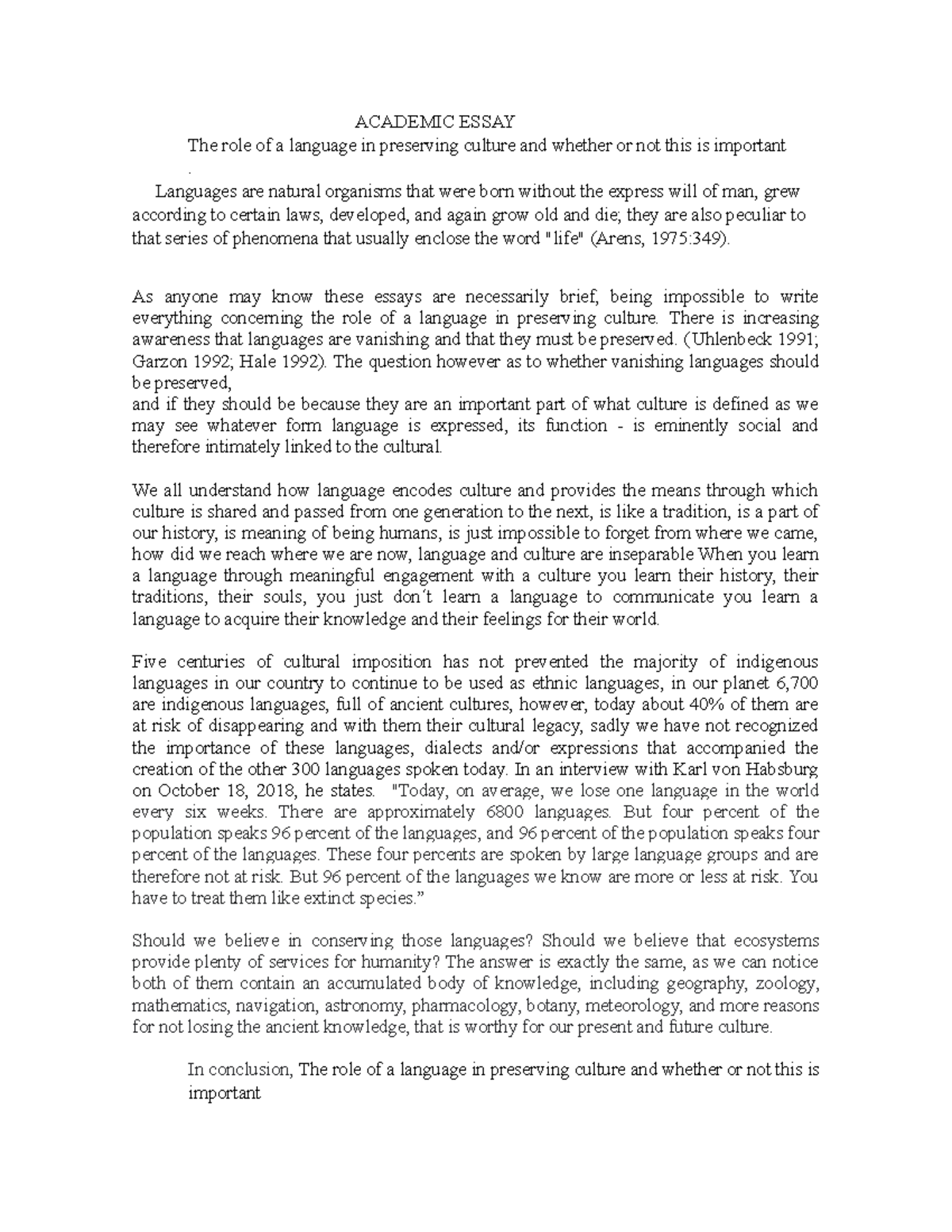 Academic Essay - ACADEMIC ESSAY The role of a language in preserving ...