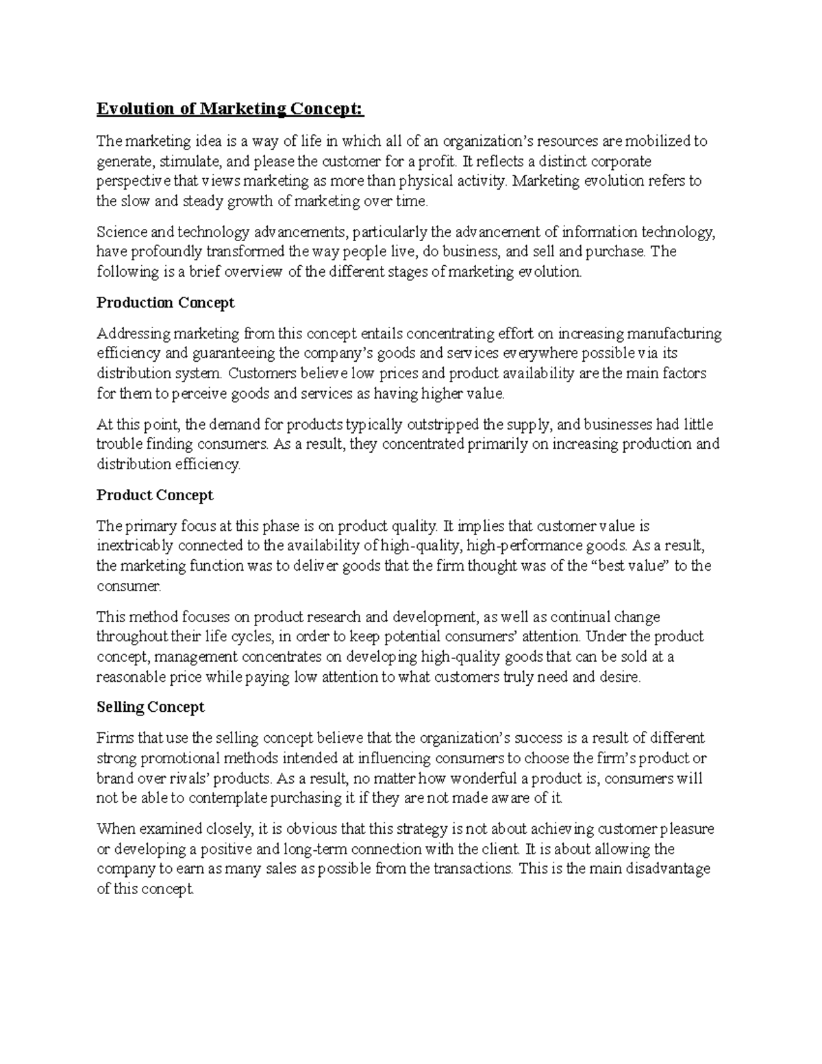 Evolution Of Marketing Concept It Reflects A Distinct Corporate
