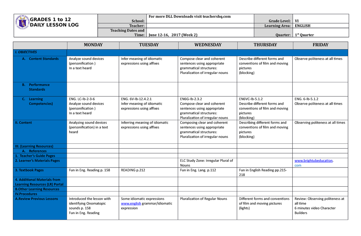 Grade 6 DLL English 6 Q1 Week 2 - GRADES 1 To 12 DAILY LESSON LOG ...