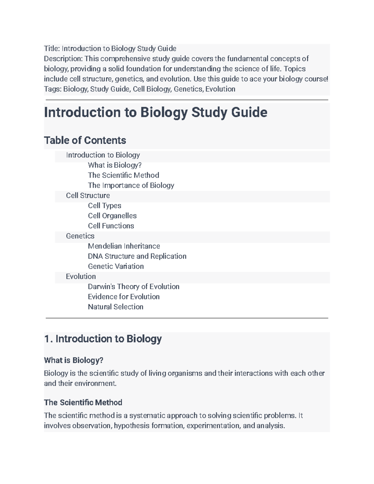 Introduction To Biology Study Guide - Title: Introduction To Biology 