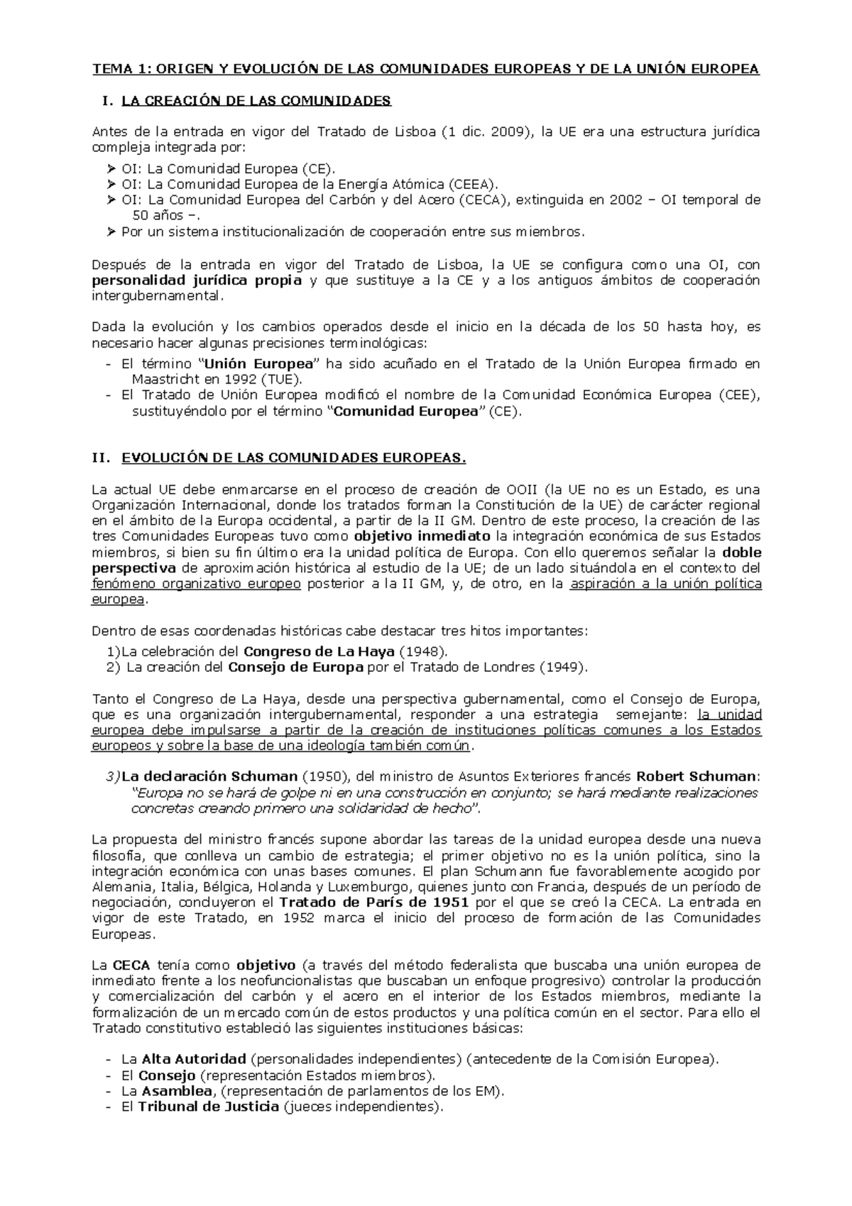 TEMA 1 Derecho de la Union Europea - TEMA 1: ORIGEN Y EVOLUCIÓN DE LAS ...