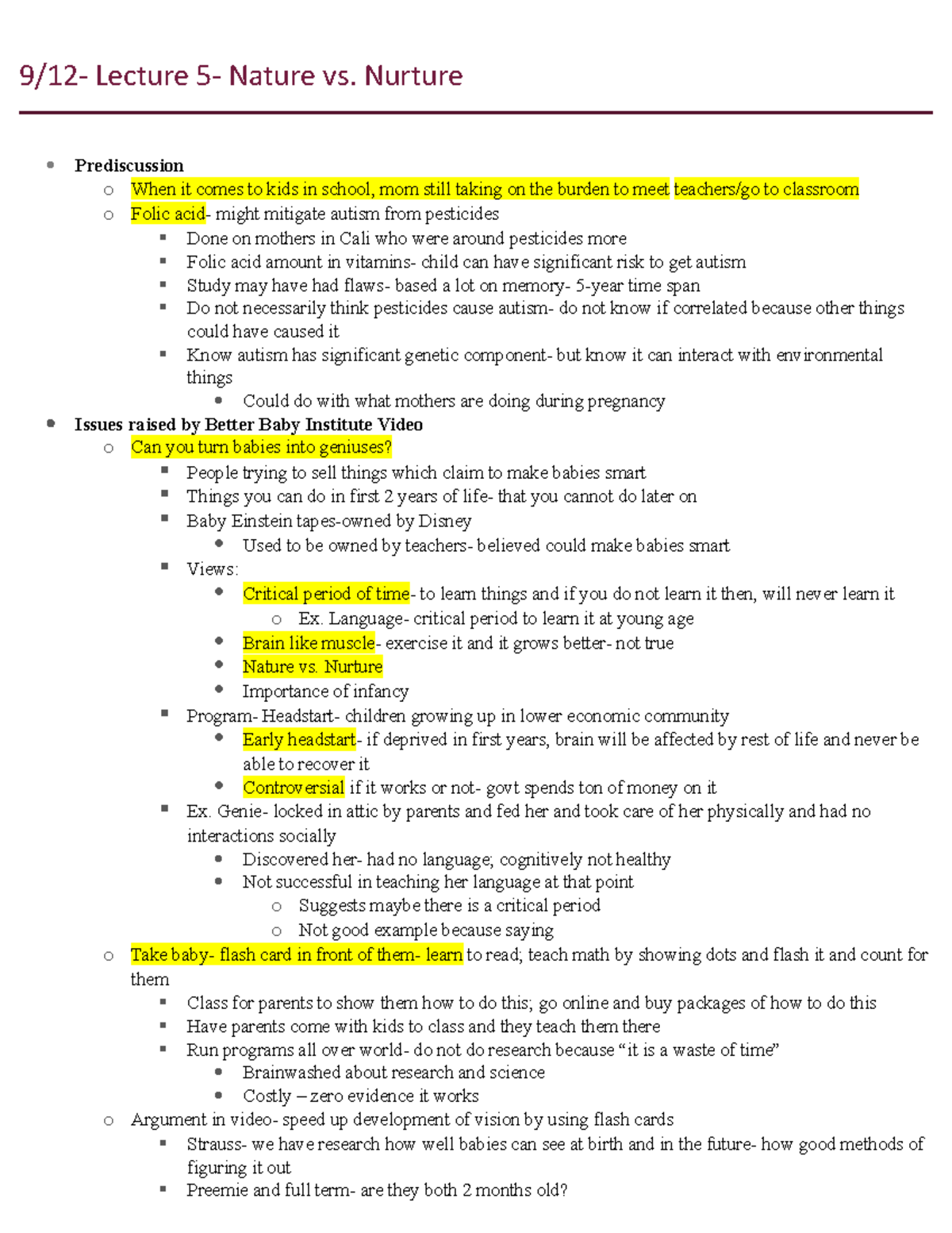 9:12 lecture 5- Nature vs. Nurture - 9/12- Lecture 5- Nature vs ...