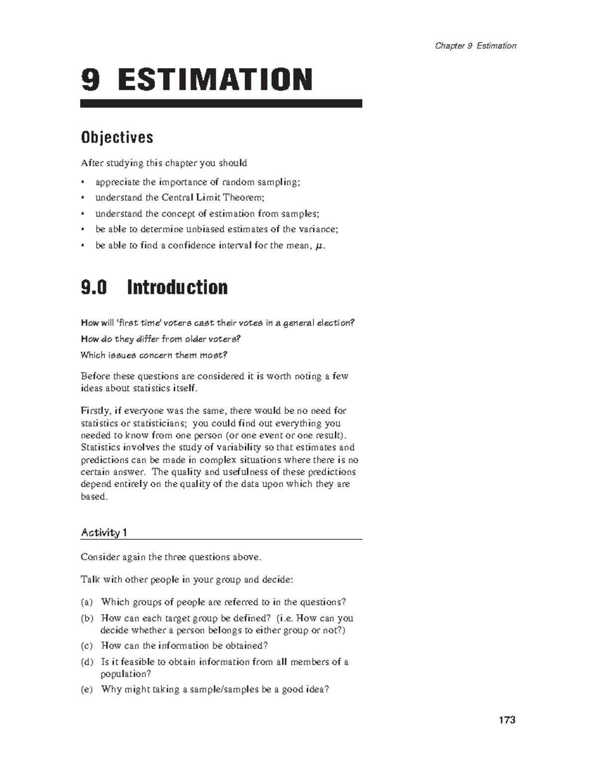 Stats ch9 - Applied Statistical Analysis - 9 ESTIMATION Objectives ...