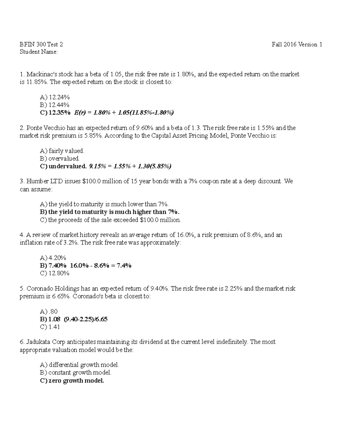 BFIN 300 Fa16 Test 2 Guideline Answers - BFIN 300 Test 2 Student Name ...