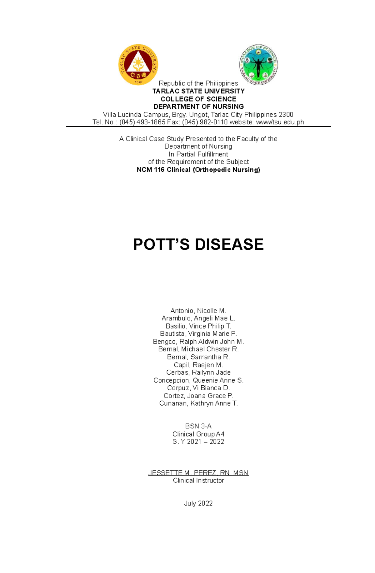 Potts Disease A4 CASE Study Republic of the Philippines TARLAC STATE