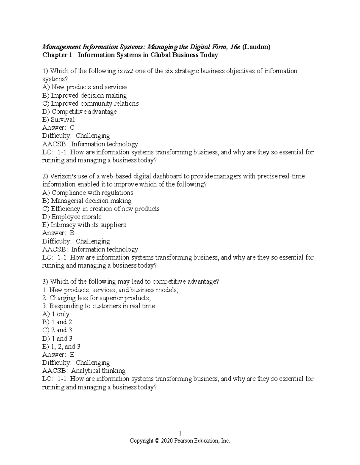 Chapter 01 Test Bank - Management Information Systems: Managing The ...