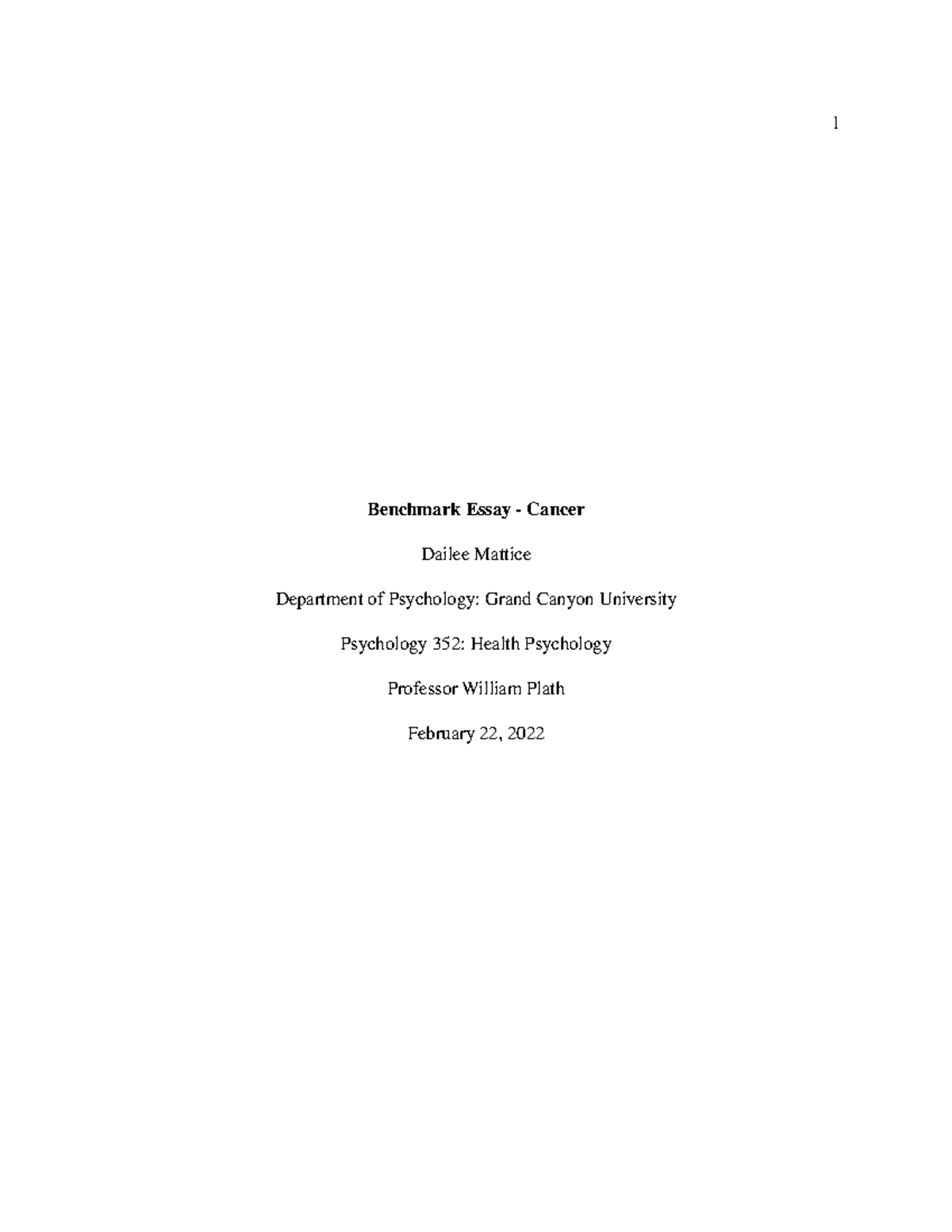 Health Psychology (352) Benchmark Paper - Benchmark Essay - Cancer ...