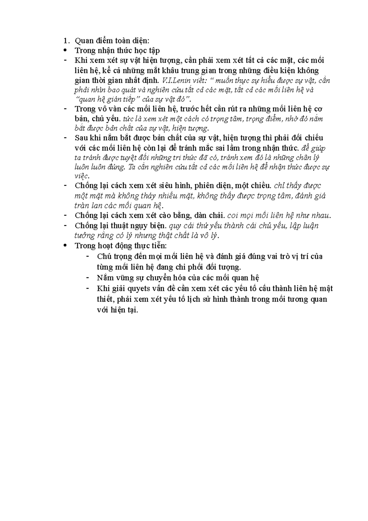 Quan điểm toàn diện - ktcc - 1. Quan điểm toàn diê n:̣ Trong nhận thức ...