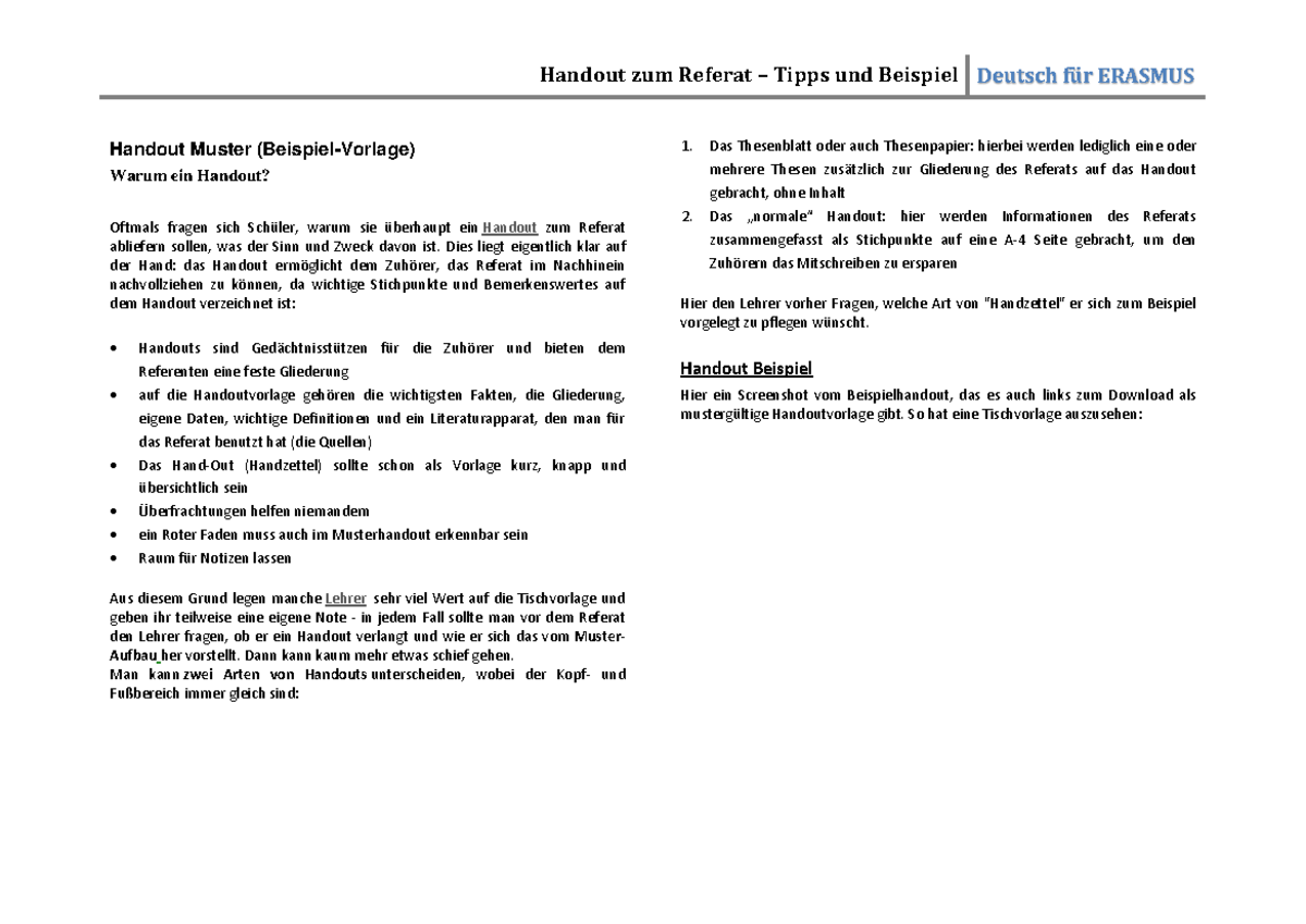 Handout zum Referat - Tipps und Beispiel - StuDocu