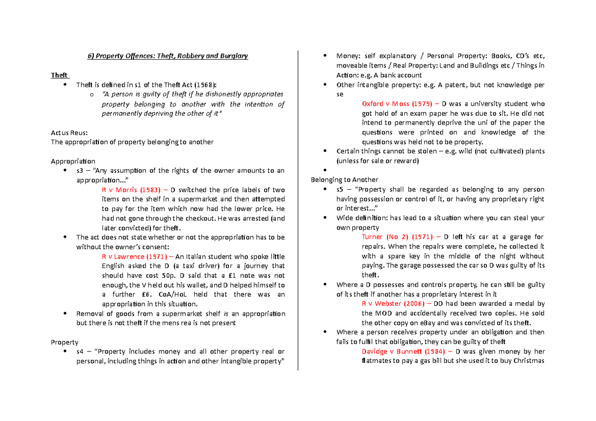 Theft Revision Booklet - Property Offences: Theft, Robbery and Burglary ...
