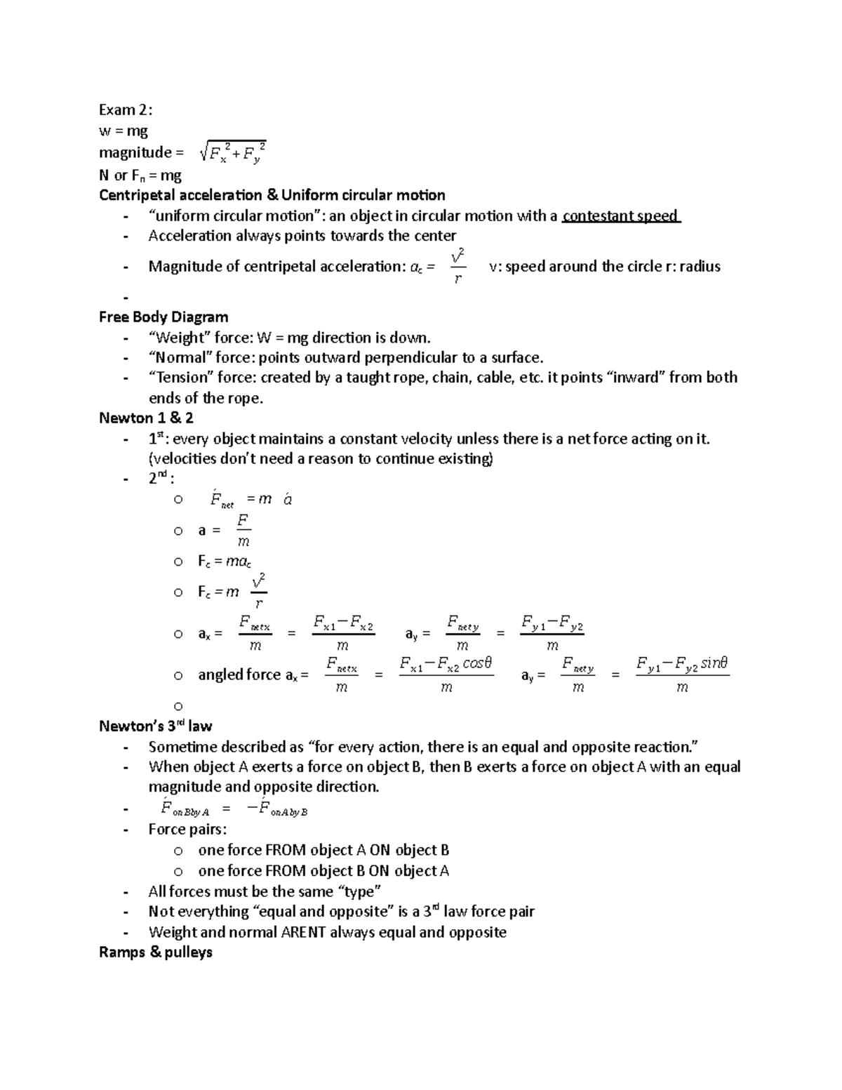 Physics Exam 2 - Exam 2 Study Material - Exam 2: W = Mg Magnitude = √ F ...