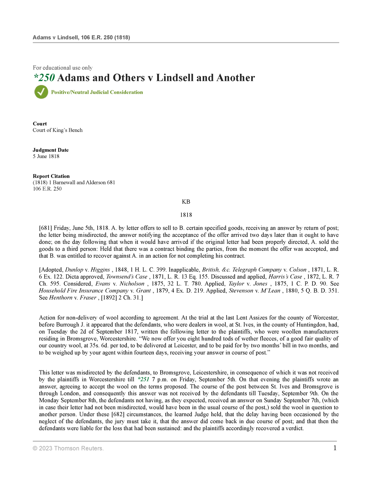 Adams V Lindsell - This Is A Case About Postal Rule And This Has Been ...