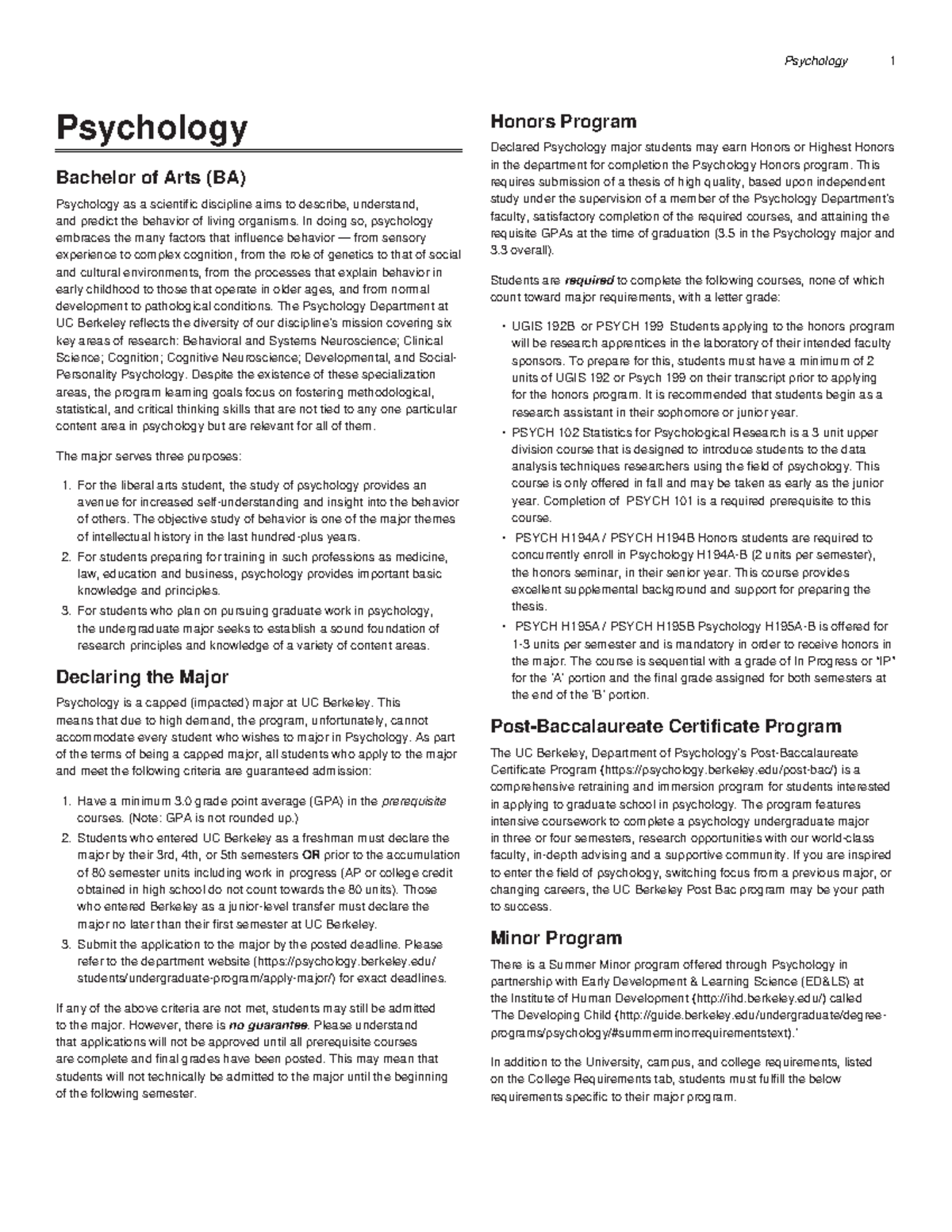 Psychology PDA Psychology Bachelor of Arts (BA) Psychology as a