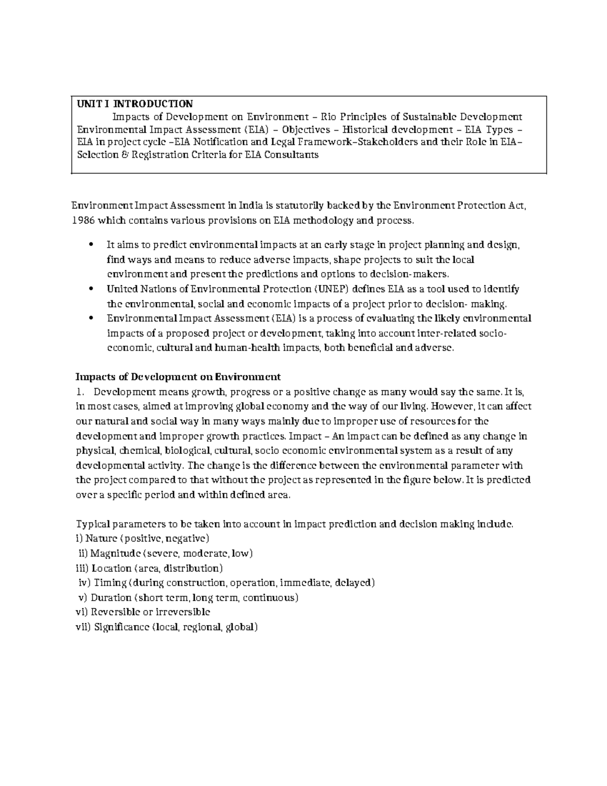 ESIA Notes - UNIT I INTRODUCTION Impacts of Development on Environment ...