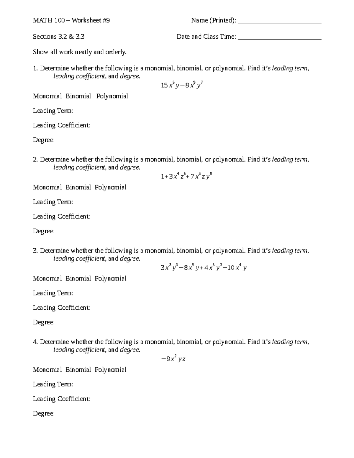 Worksheet #9 3.2 3 - good - MATH 100 – Worksheet #9 Name (Printed