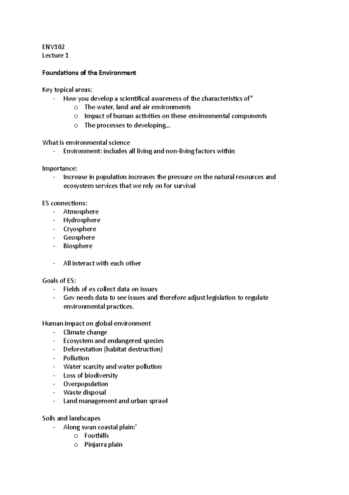 ENV102 lec 1 - Lecture notes 1 - ENV Lecture 1 Foundations of the ...