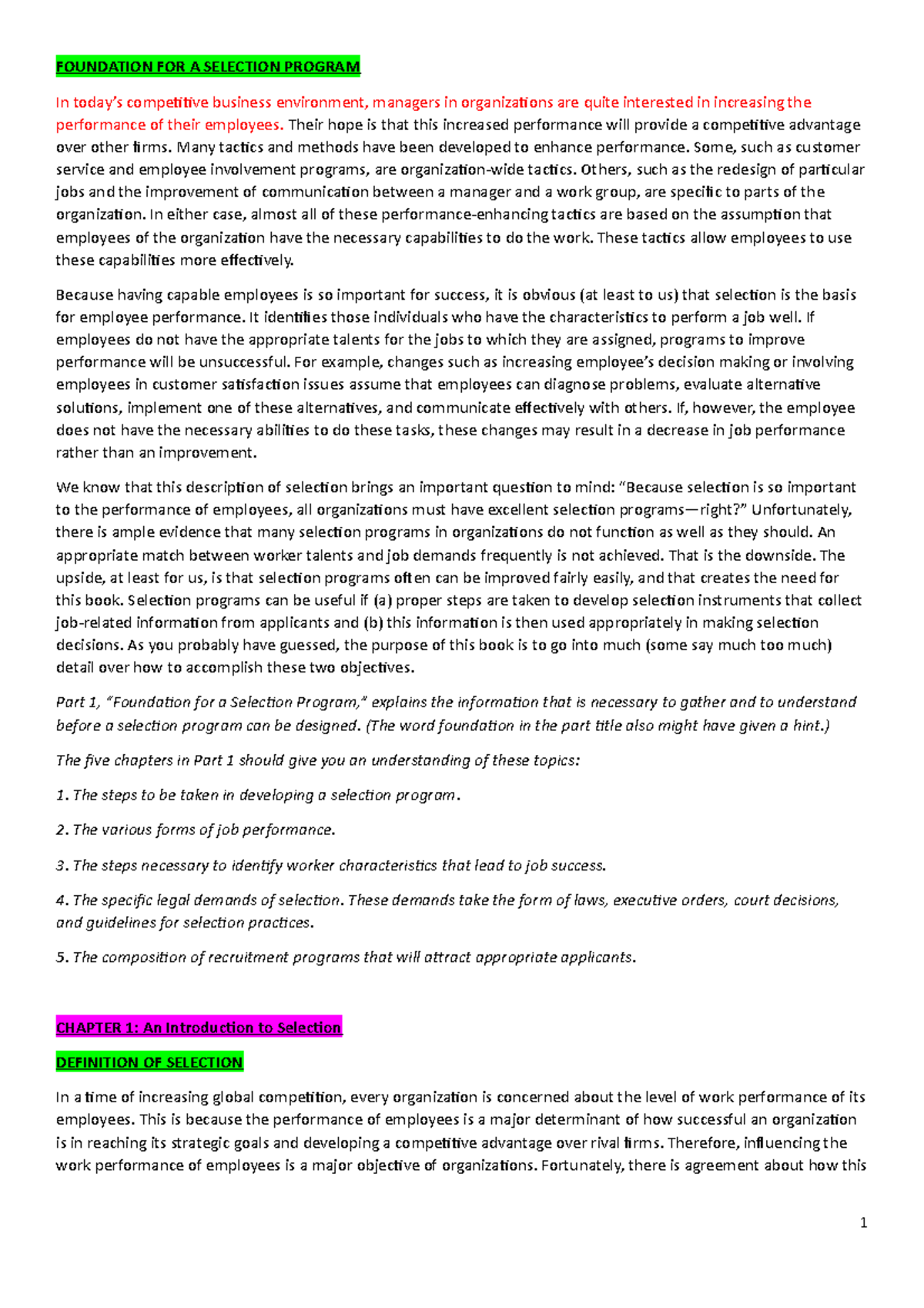 Chapters 1, 6, 7 and 8 - Summary Human Resource Selection - FOUNDATION ...