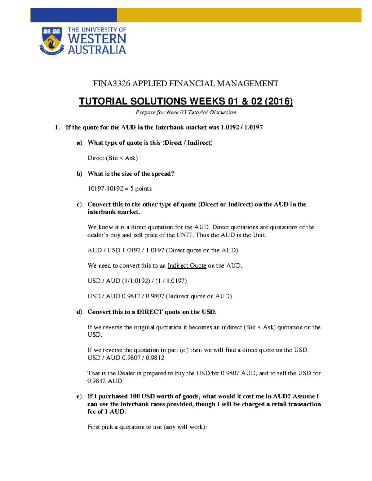 Tutorial Work - Week 2 - Week 2 Tutorial Solutions - FINA3326 APPLIED ...