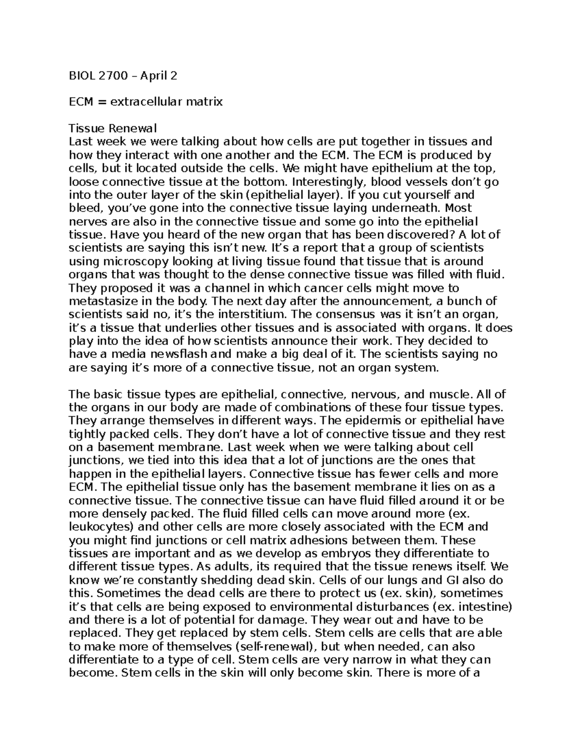 BIOL 2070 – Lecture 11 - BIOL 2700 – April 2 ECM = extracellular matrix ...