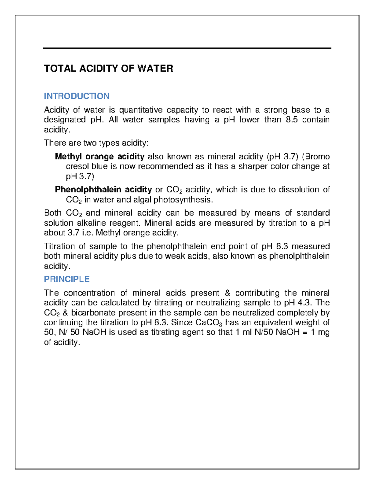 Total Acidity OF Water Lab Practical notes TOTAL ACIDITY OF WATER