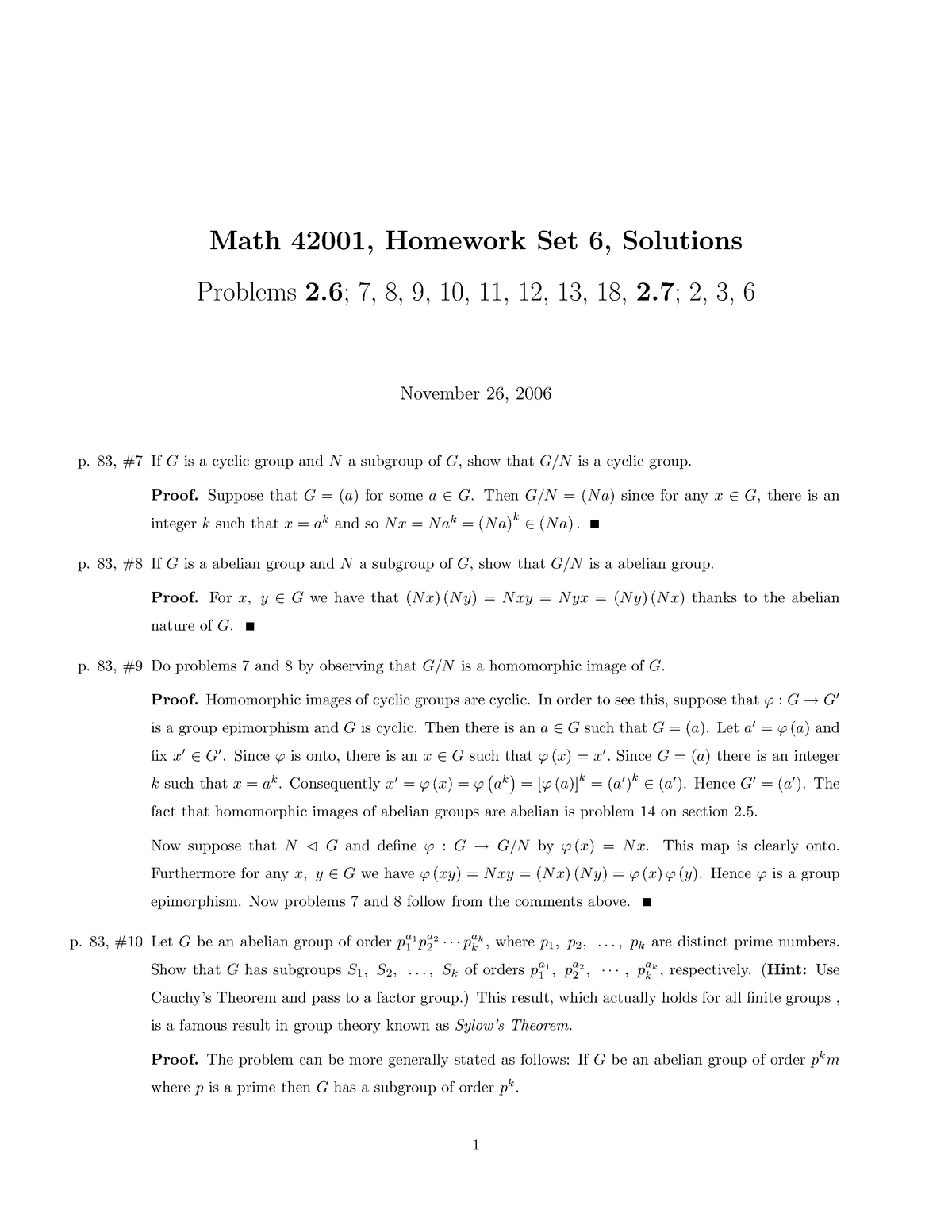 Homework 6 Math 401 Homework Set Solutions Problems 10 11 12 13 18 November 26 06 Ifgis Cyclic Group Andna Subgroup Ofg Show Thatg Nis Cyclic Group Studocu