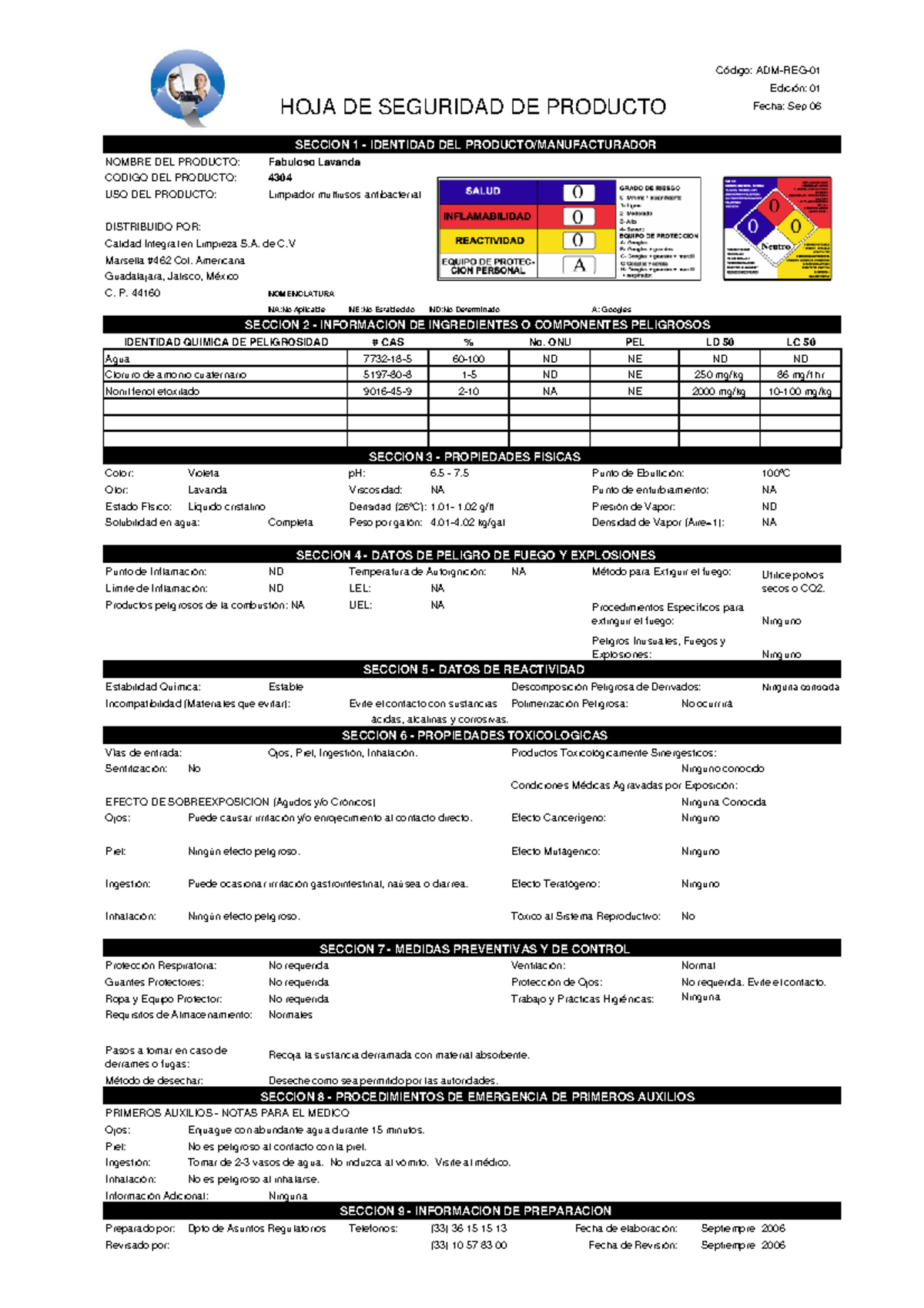 Fabuloso folleto Limpiador multiusos antibacterial Calidad Integral