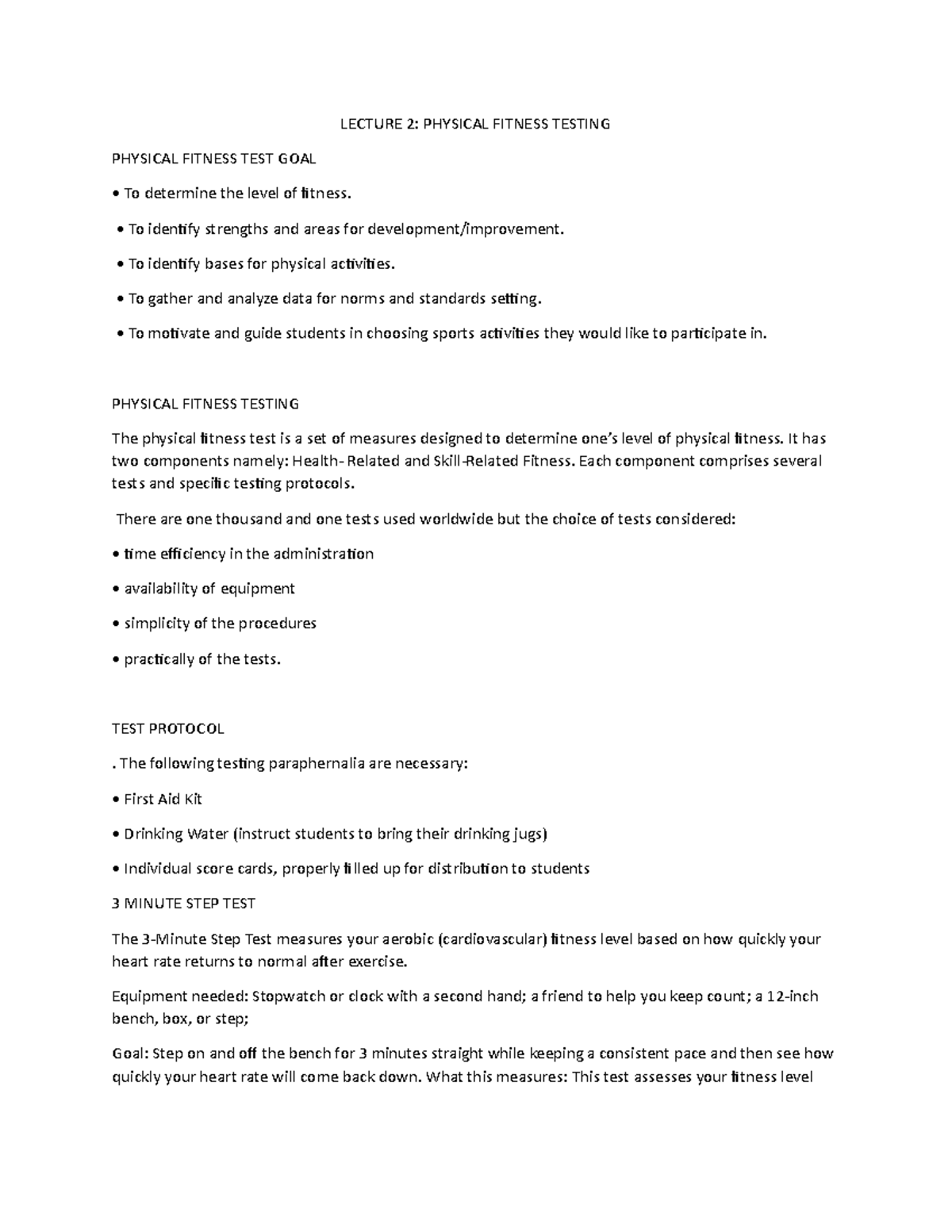 Lecture Notes ON Physical Fitness Testing - LECTURE 2: PHYSICAL FITNESS ...