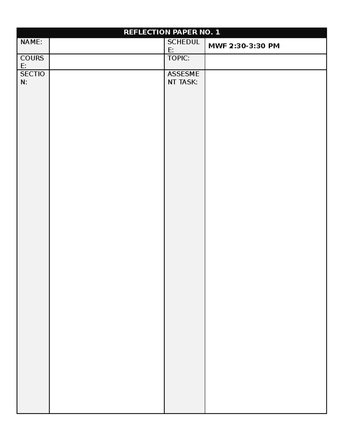 Reflection Paper Format-1 - REFLECTION PAPER NO. 1 NAME: SCHEDUL E: MWF ...