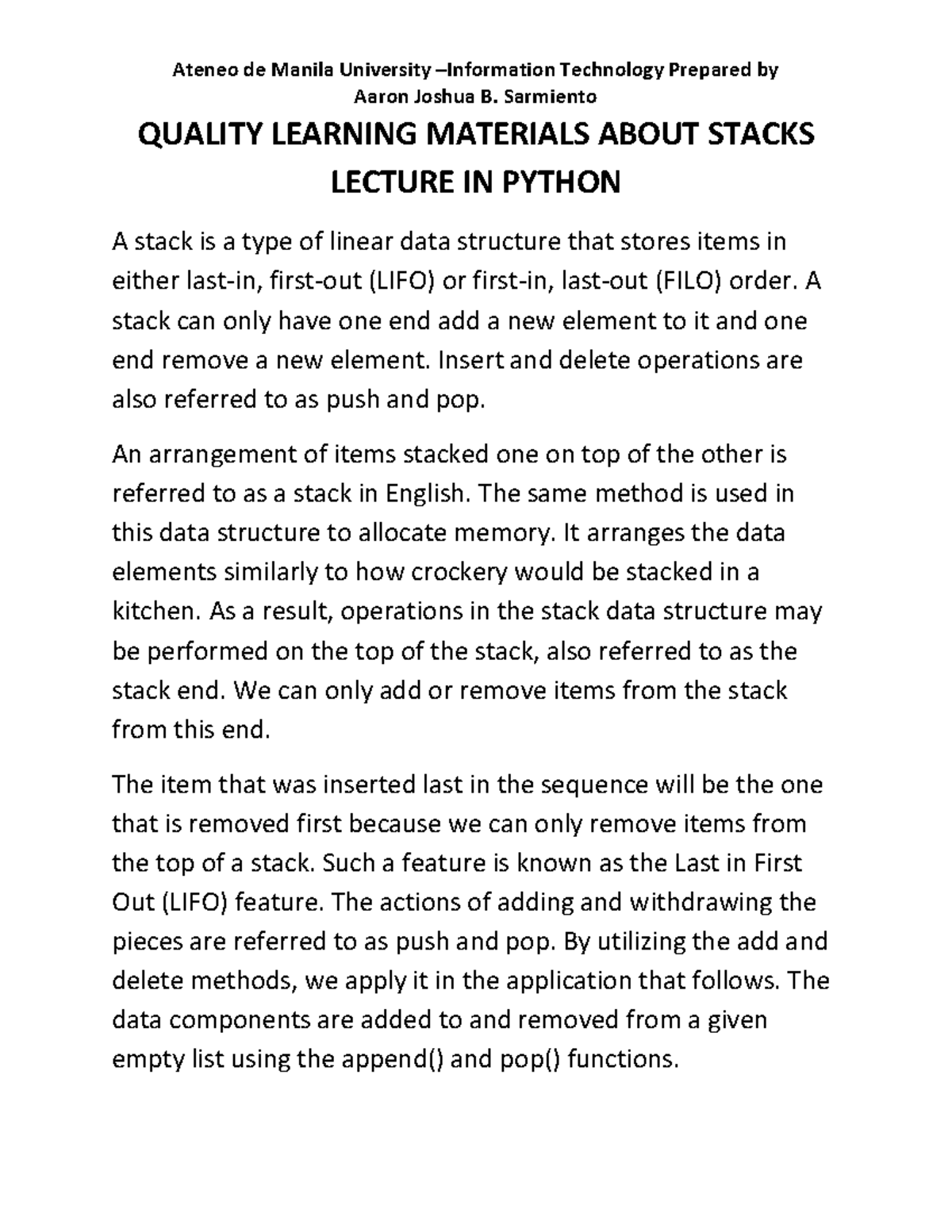 Quality Learning Materials About Stacks Lecture in Python - QUALITY ...