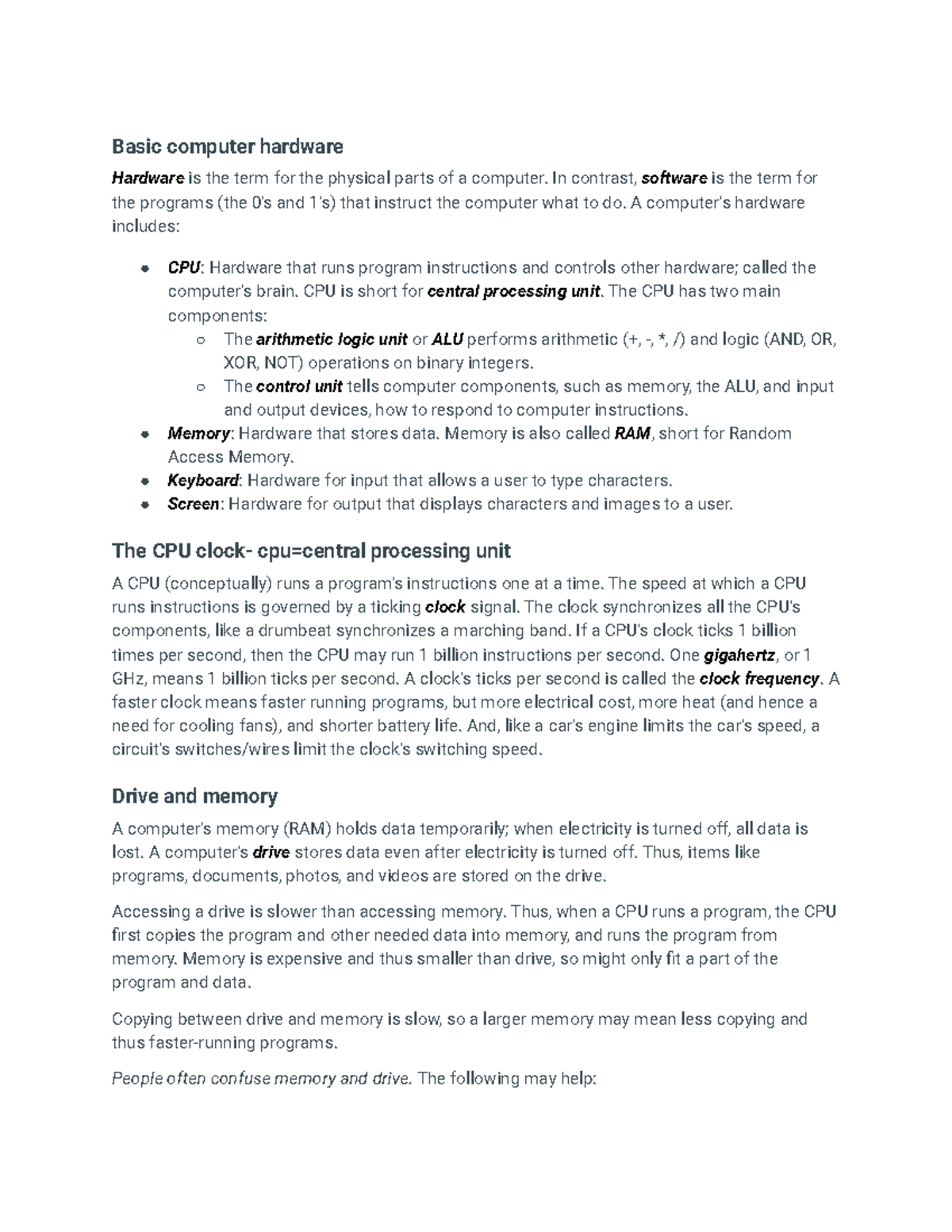 Computer Hardware Notes Basic computer hardware Hardware is the term
