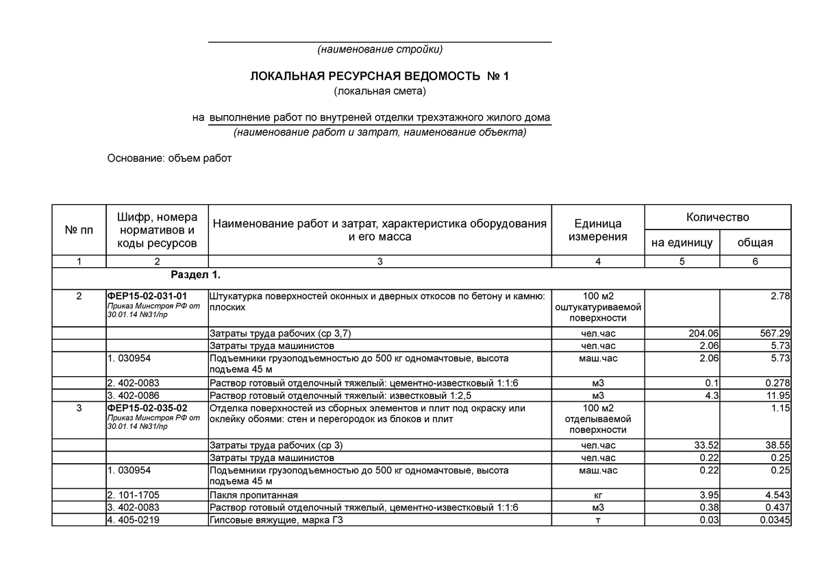 Локальный ресурсный сметный расчет образец заполнения