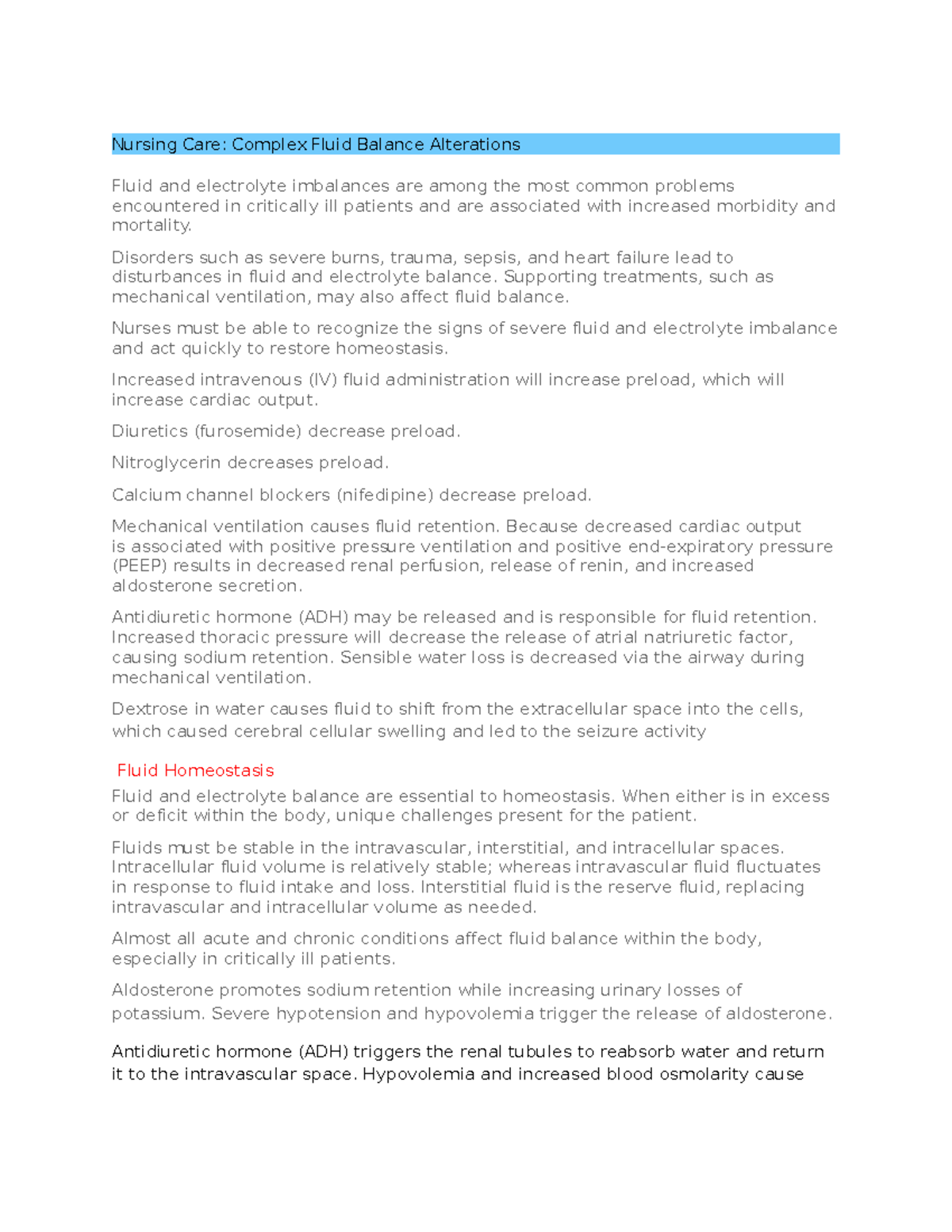 Edapt Nursing Care Week 4 Notes - Nursing Care: Complex Fluid Balance ...